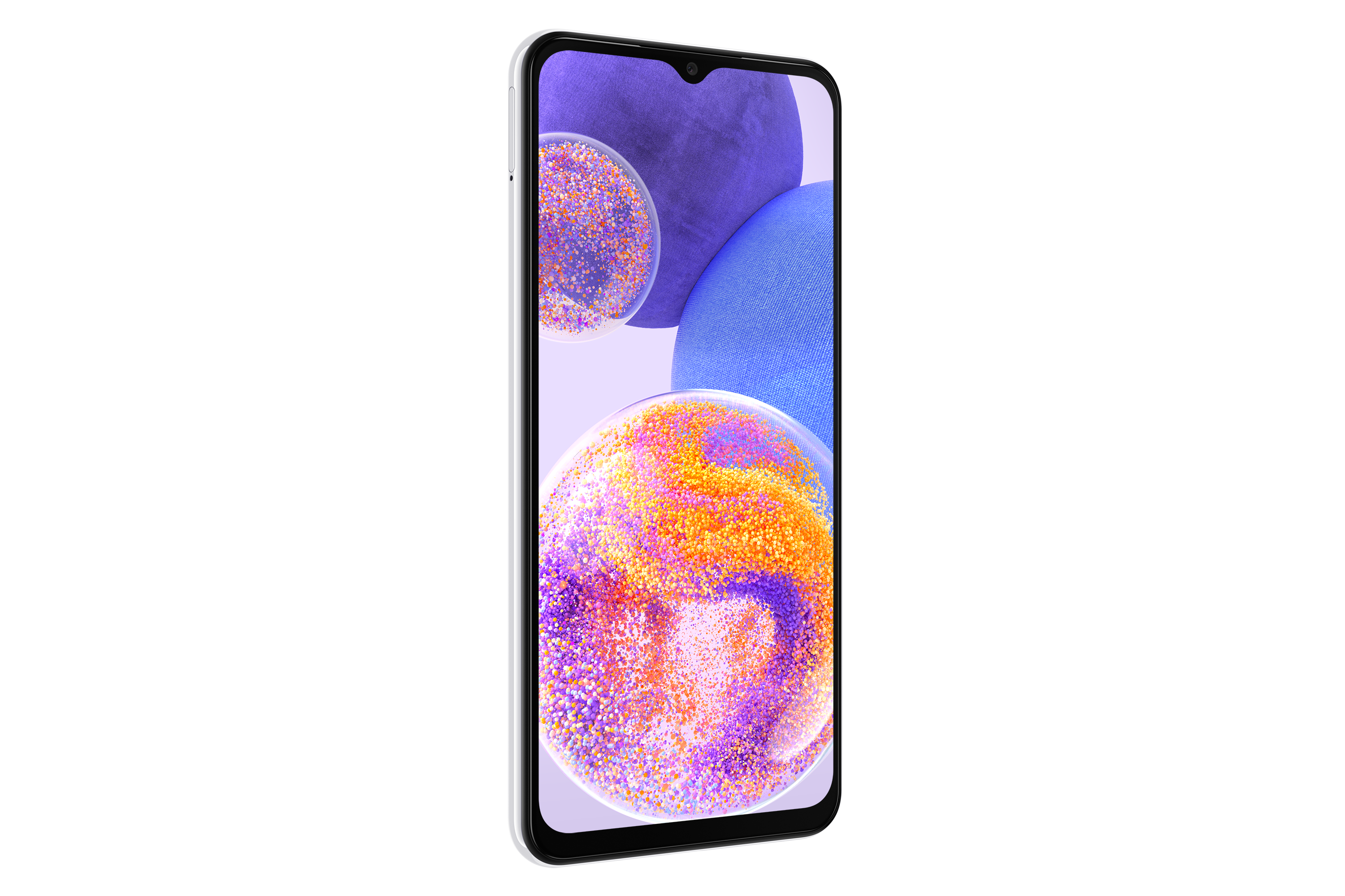 Büyük ekranlı beyaz bir akıllı telefon, renkli, soyut bir arka plan görüntülüyor. Ekran kavisli.