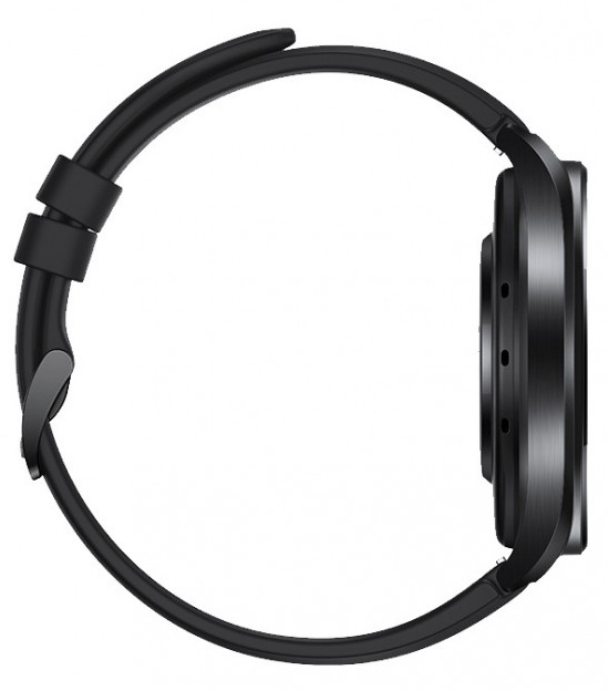 Vue latérale d'une montre intelligente noire avec bracelet noir, isolée sur fond blanc.
