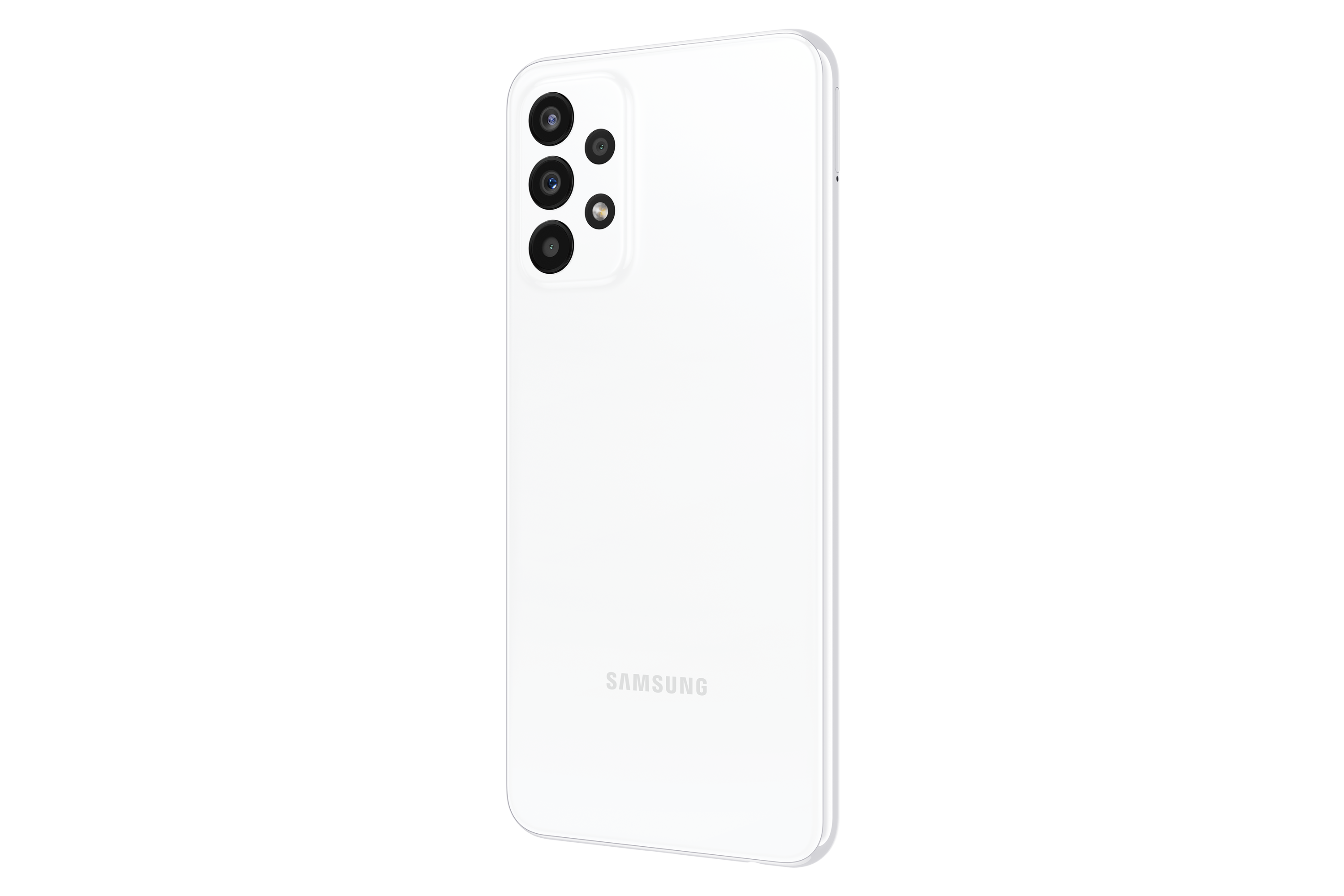 Beyaz akıllı telefonun arka görünümü. Kamera dizisi görünür. Samsung logosu.