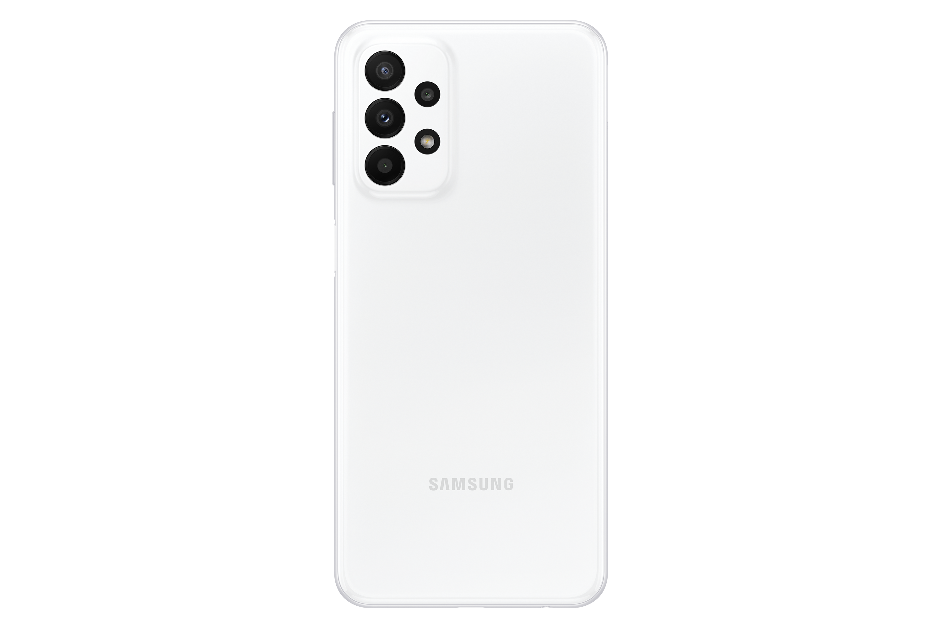 Kamera lensleri ve Samsung logosu olan beyaz akıllı telefon arkası. Siyah arkaplan.