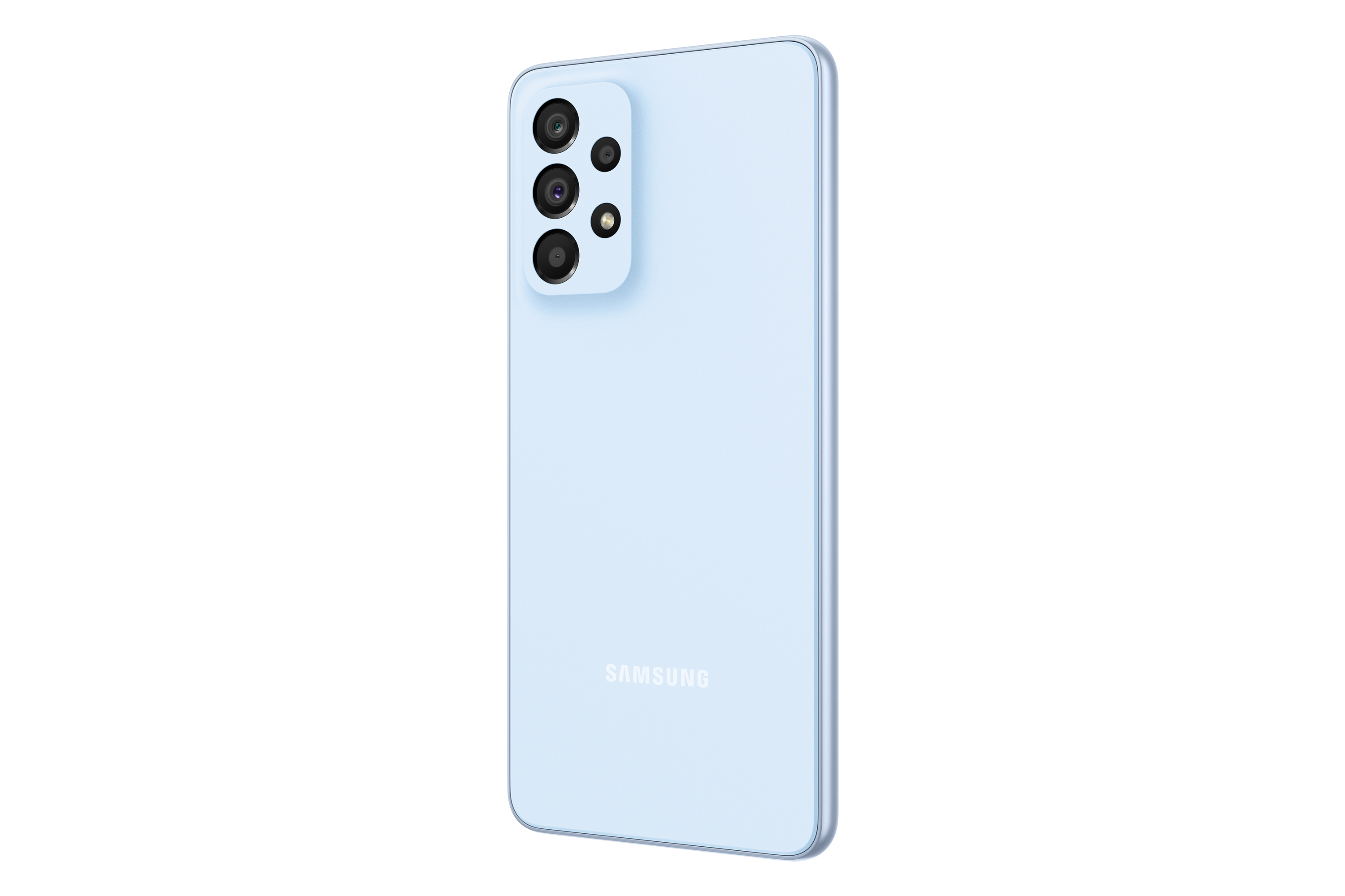 Arka tarafında çoklu kameralı, açık mavi Samsung telefon, siyah zemin.
