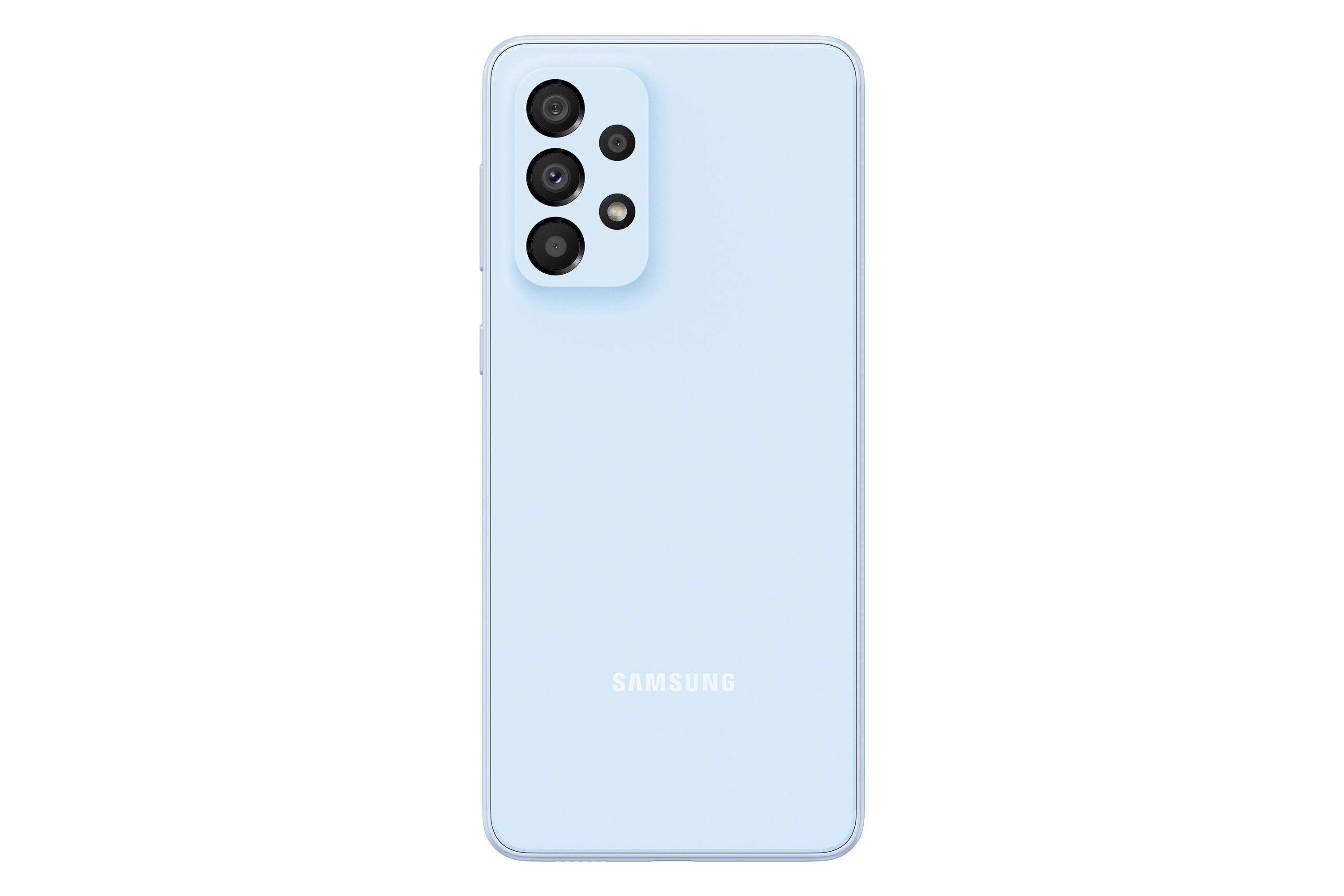 Açık mavi Samsung telefon. Birden fazla arka kamerası var. Samsung logosu görünür.
