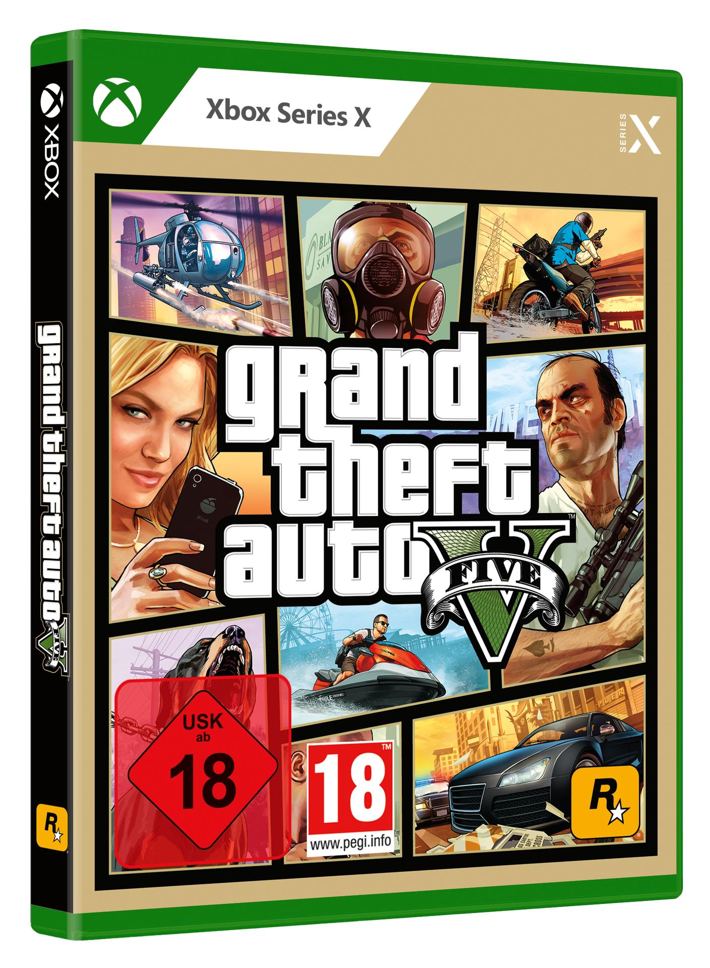 Schachtel eines Spiels mit dem Titel Grand Theft Auto V, mit Charakteren und Szenen.