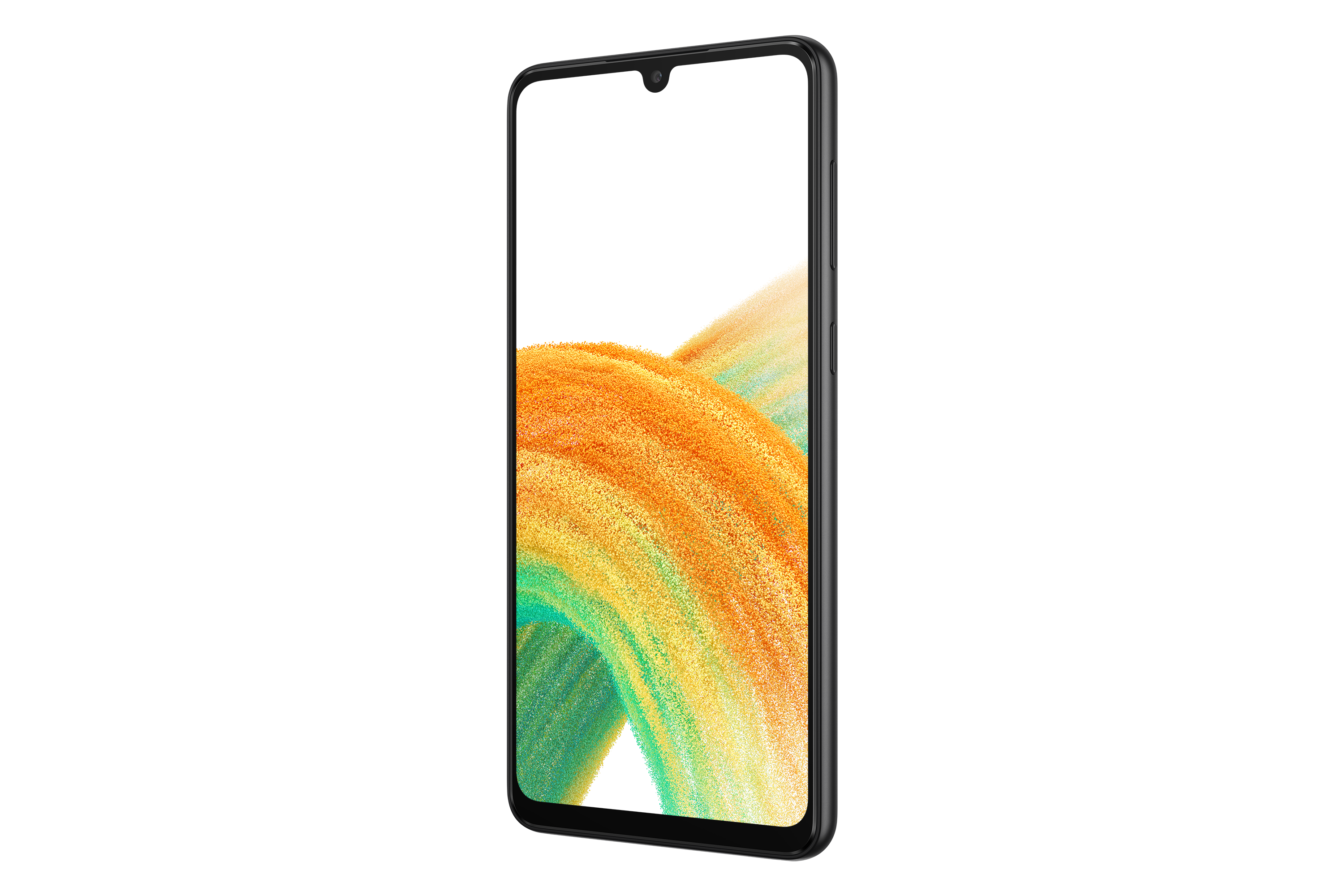 Soyut turuncu ve yeşil bir tasarım gösteren bir ekrana sahip siyah bir akıllı telefon.