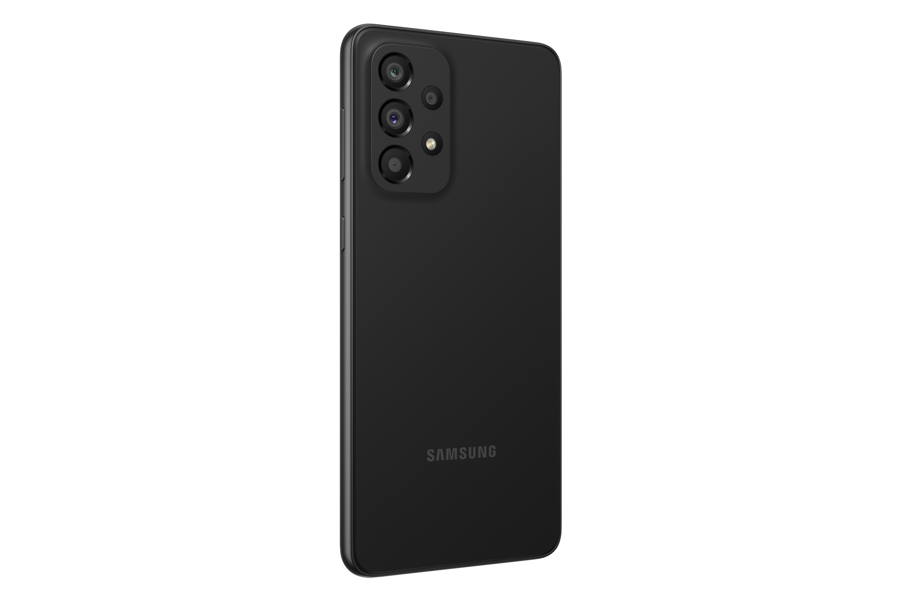 Kamera lensleri ve Samsung logosu bulunan siyah bir Samsung akıllı telefonun arkası.