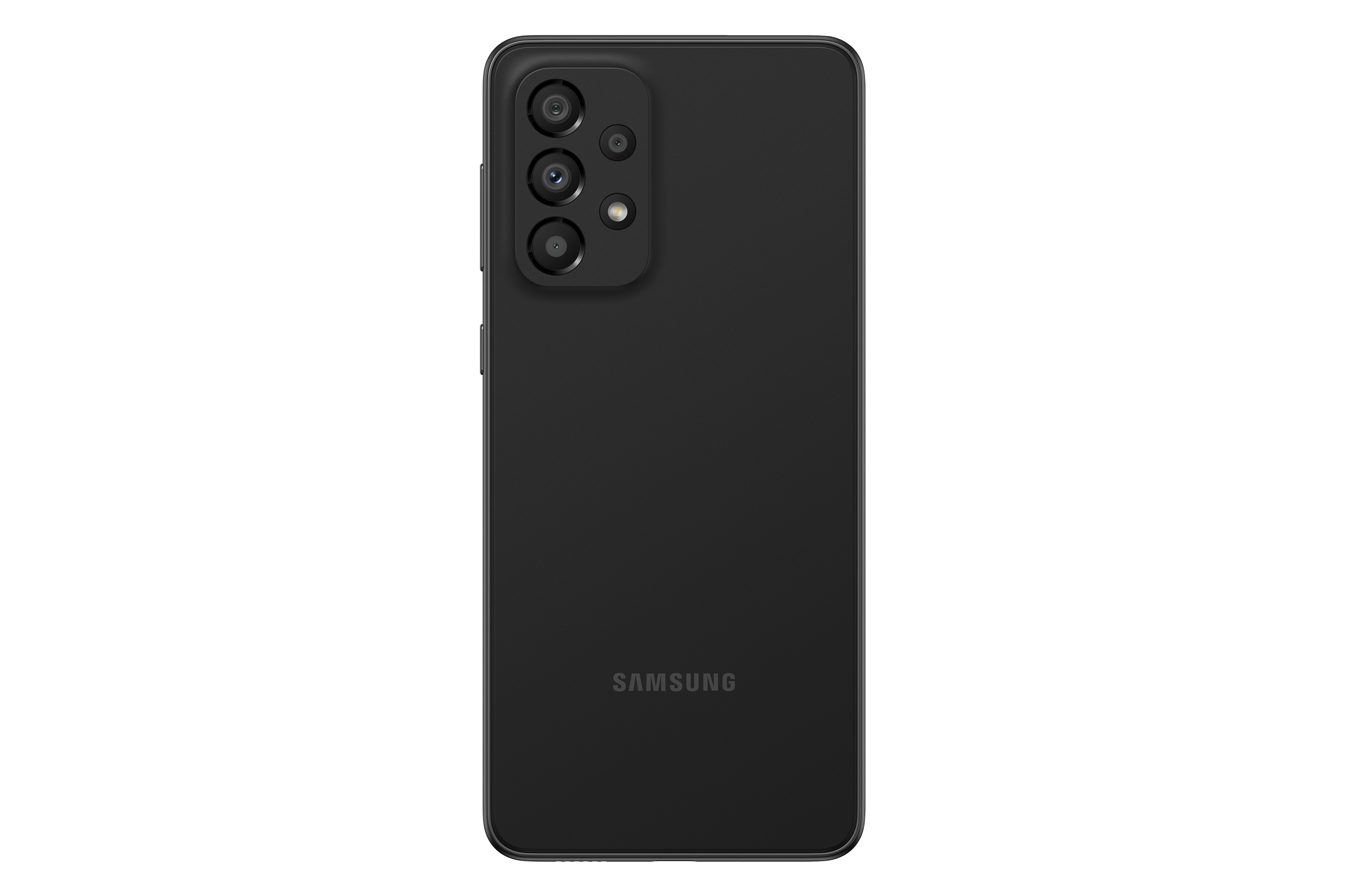 Siyah bir Samsung akıllı telefonun arkası. Üçlü kamera kurulumu ve Samsung logosu görülebilir.