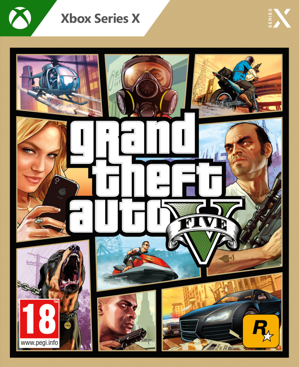 Xbox Series X gamecover voor Grand Theft Auto V, met meerdere personages.
