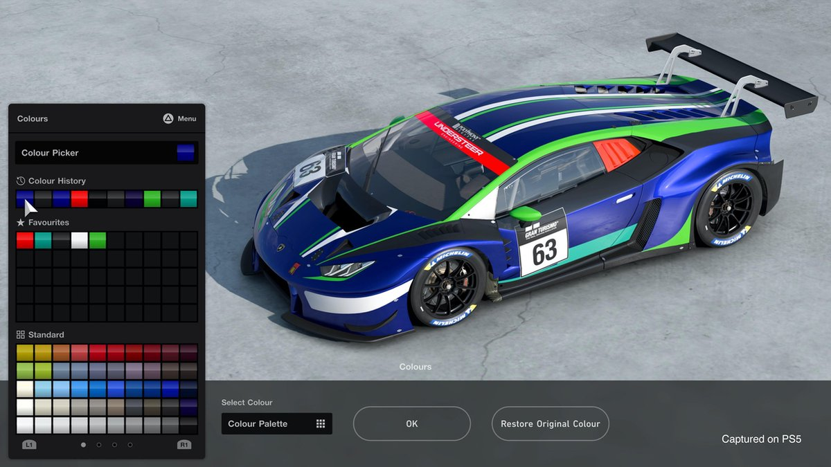 A blue, green, and white race car with the number 63 is on a screen with color options.