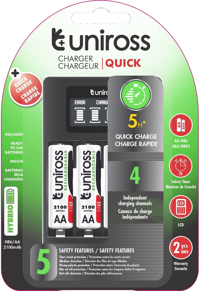 UNIROSS LCD gyorstöltő 4db 2100mAh AA ceruza akkumulátorral, (10040091)