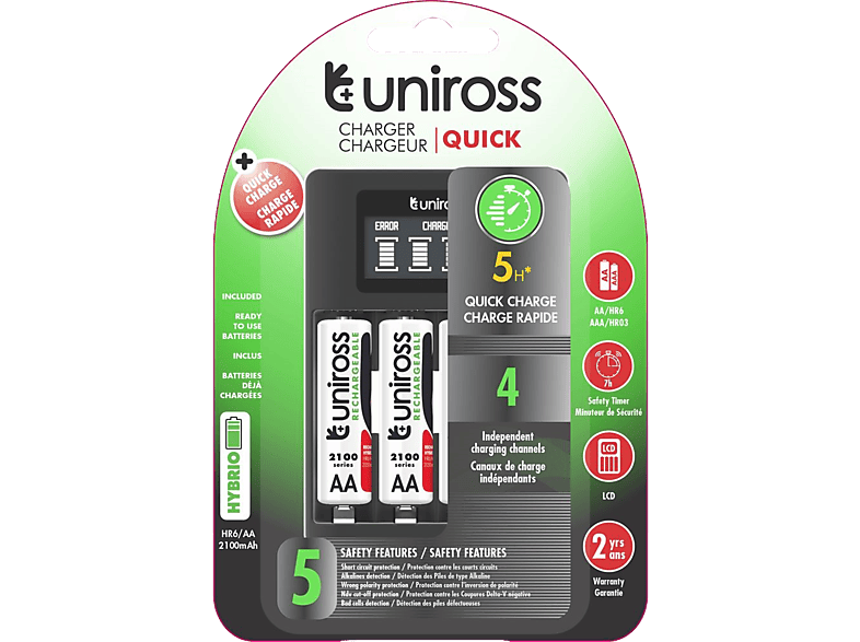 UNIROSS LCD gyorstöltő 4db 2100mAh AA ceruza akkumulátorral, (10040091)