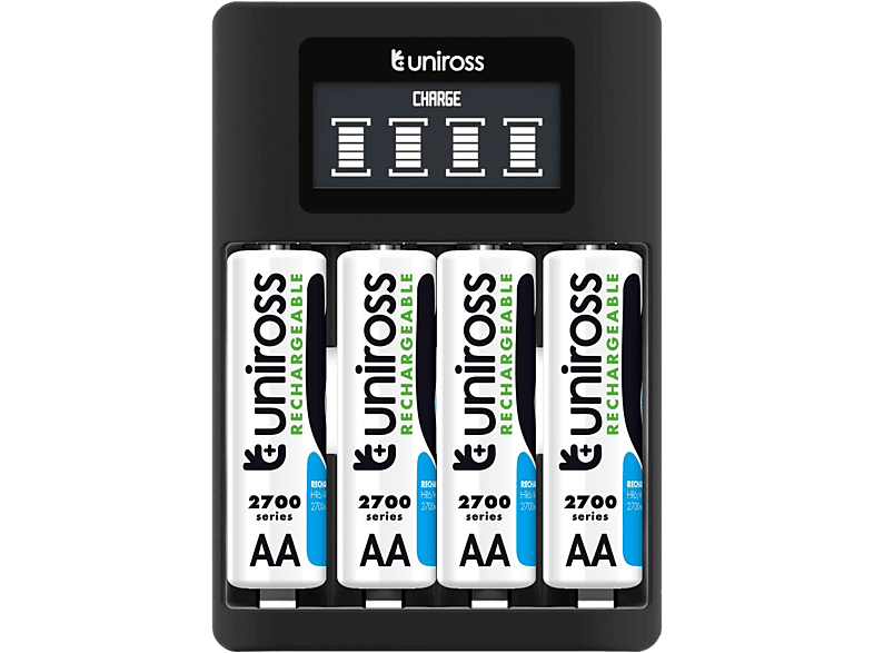 UNIROSS LCD-s processzoros gyors töltő 4db 2700mAh AA akkumulátorral, (UCU005A)