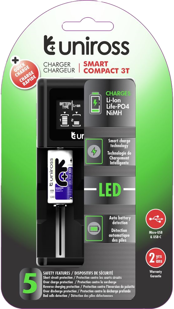 Akkumulátor töltő. A csomagon szöveg, egy akkumulátor és egy USB port van. A háttér zöld.