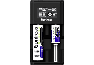 UNIROSS kompakt LCD gyorstöltő li-ion/NiMh/LiFePo4 akkumulátorokhoz, üres (UCX004)