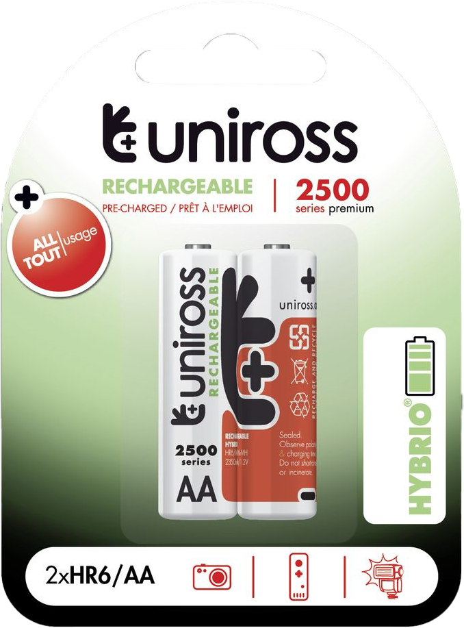 UNIROSS hybrio 2xAA ceruza tölthető akkumulátor 2500mAh, 2db/csomag (UH2AA2500)