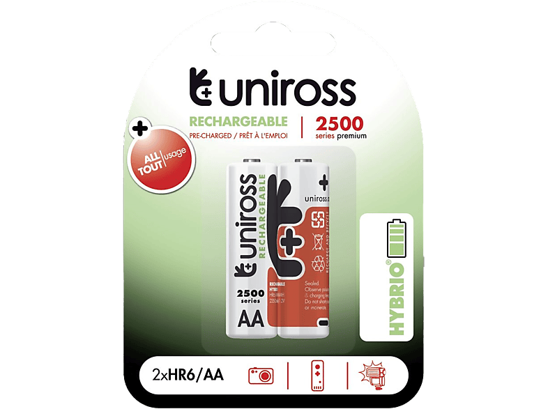 UNIROSS hybrio 2xAA ceruza tölthető akkumulátor 2500mAh, 2db/csomag (UH2AA2500)