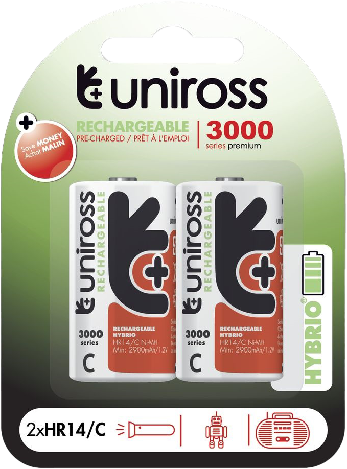 UNIROSS hybrio 2xC tölthető akkumulátor 3000mAh, 2db/csomag (UH2C3000)