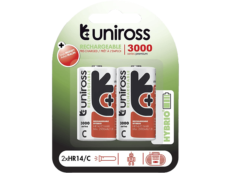 UNIROSS hybrio 2xC tölthető akkumulátor 3000mAh, 2db/csomag (UH2C3000)