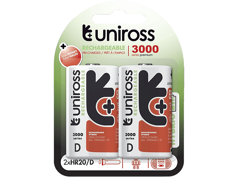 UNIROSS hybrio 2xD tölthető akkumulátor 3000mAh, 2db/csomag(UH2D3000)