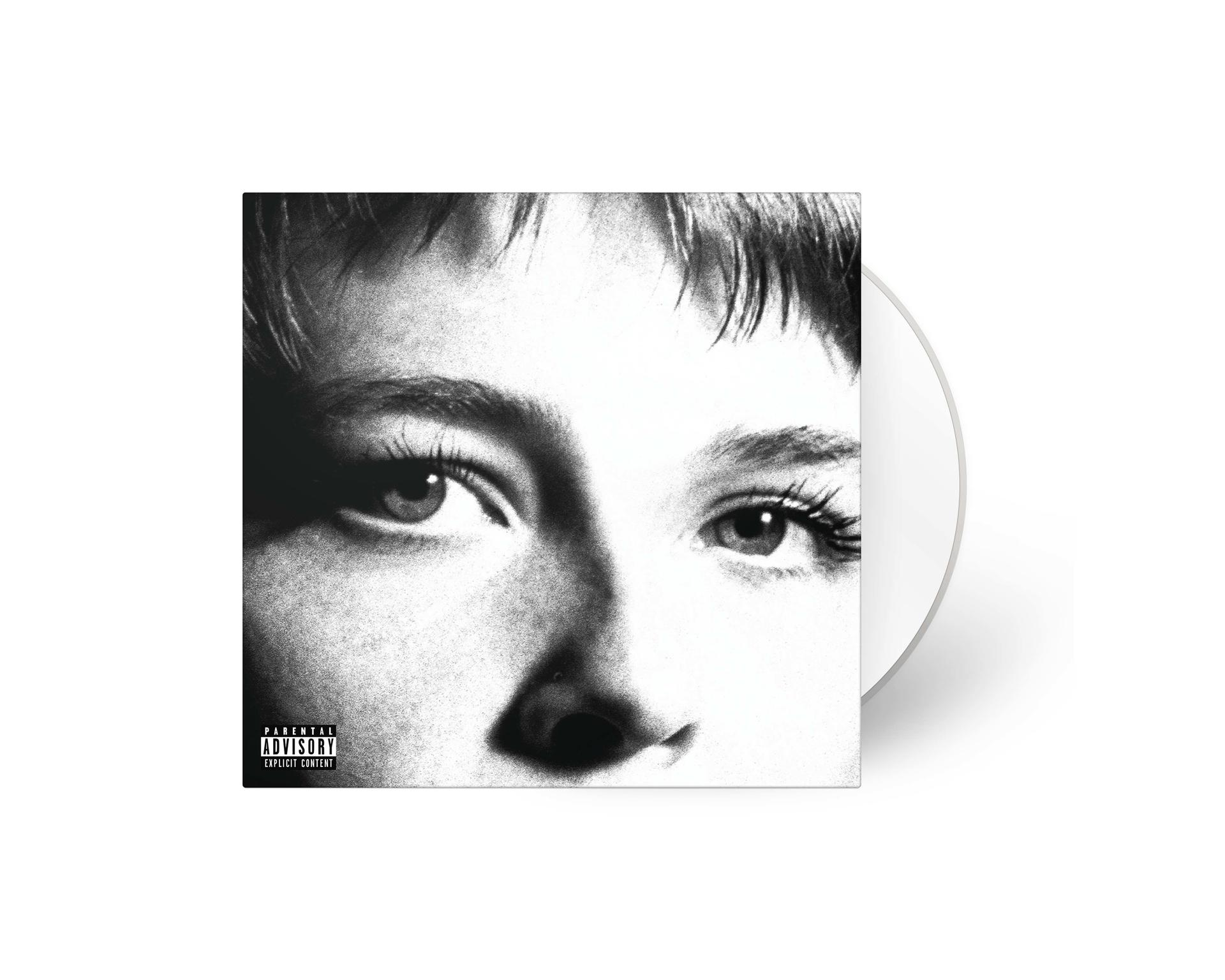 Albumcover mit Schwarz-Weiß-Nahaufnahme der Augen einer Frau. Die CD ist rechts.