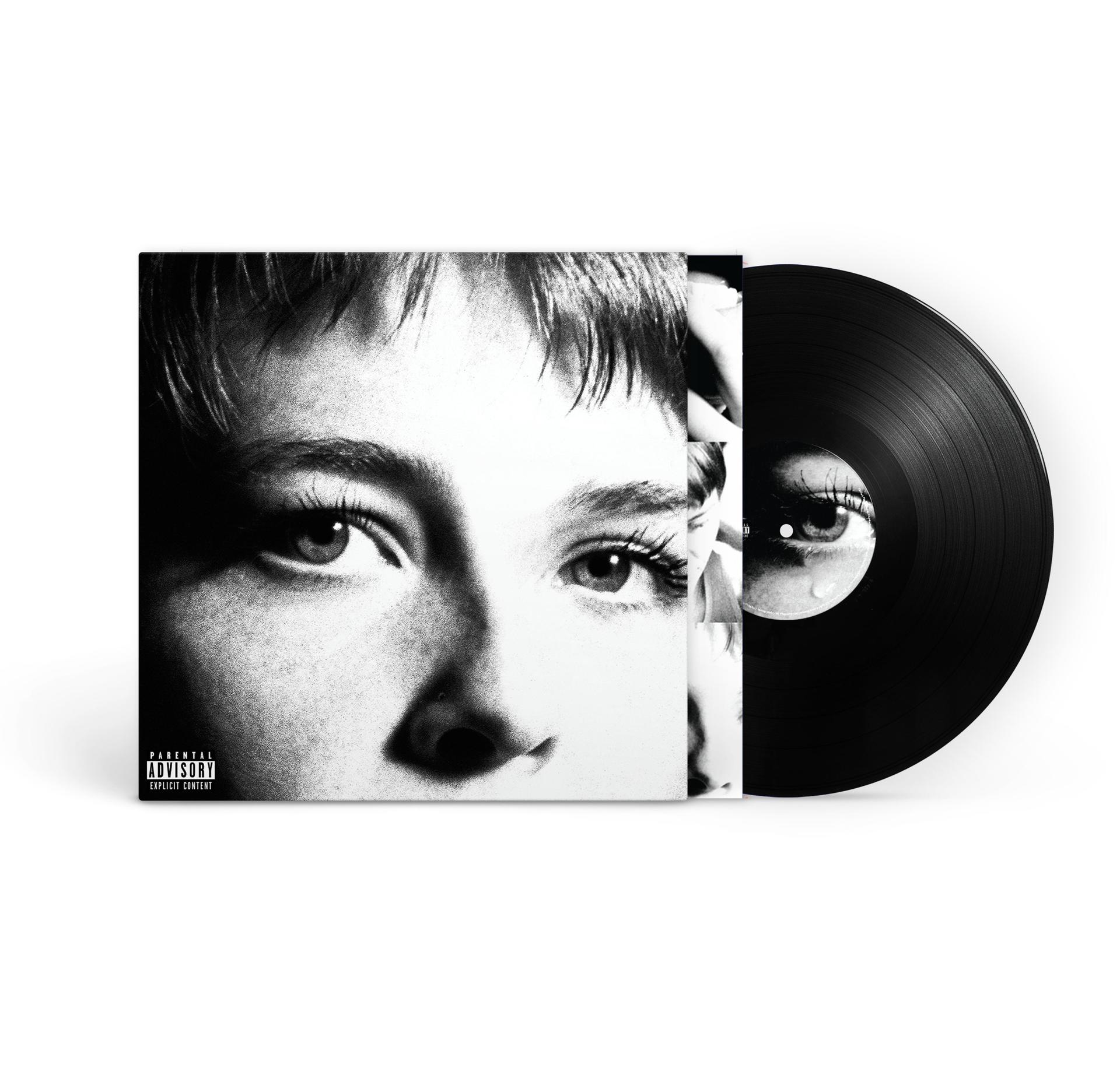 Vinyl-Albumcover. Schwarz-Weiß-Foto der Augen einer Person.