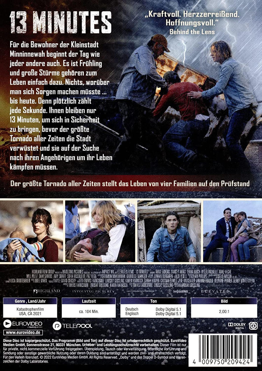 Filmcover für '13 Minutes', zeigt eine Katastrophenszene und Familienbilder. Enthält Text und Credits.