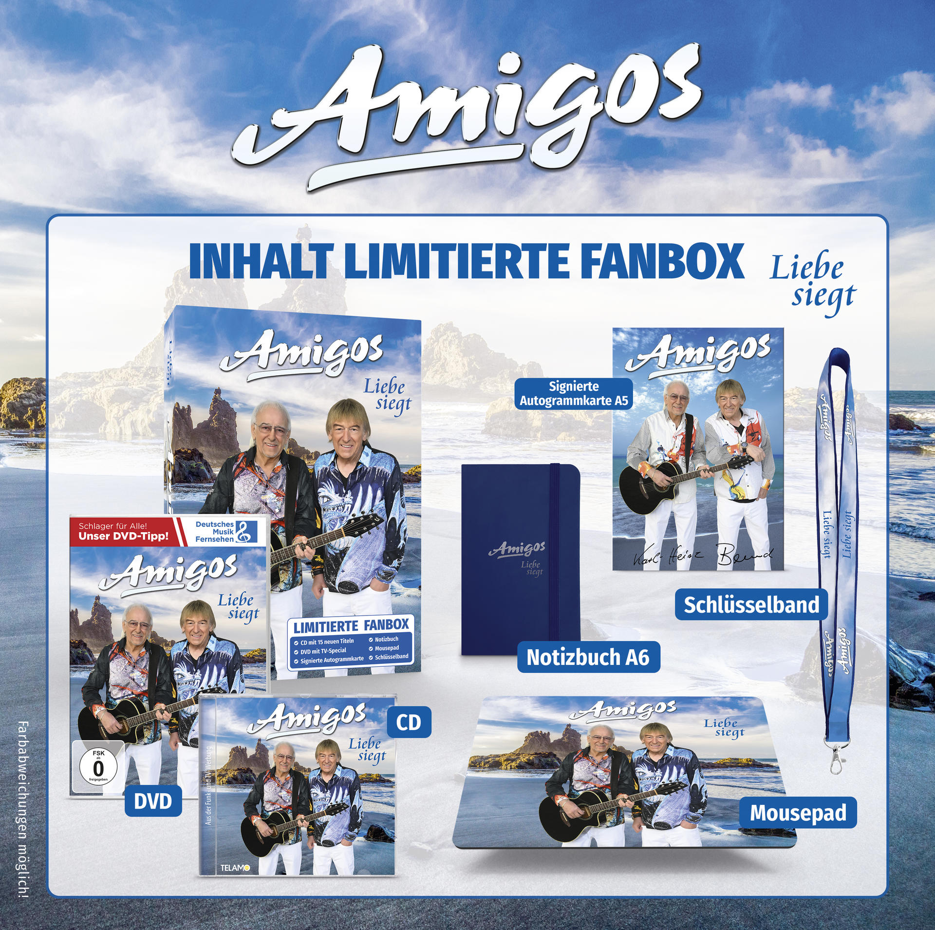 Eine Sammlung von Artikeln zum Thema Musik. Enthält CD, DVD und ein Notizbuch. Der Hintergrund ist ein Strand.
