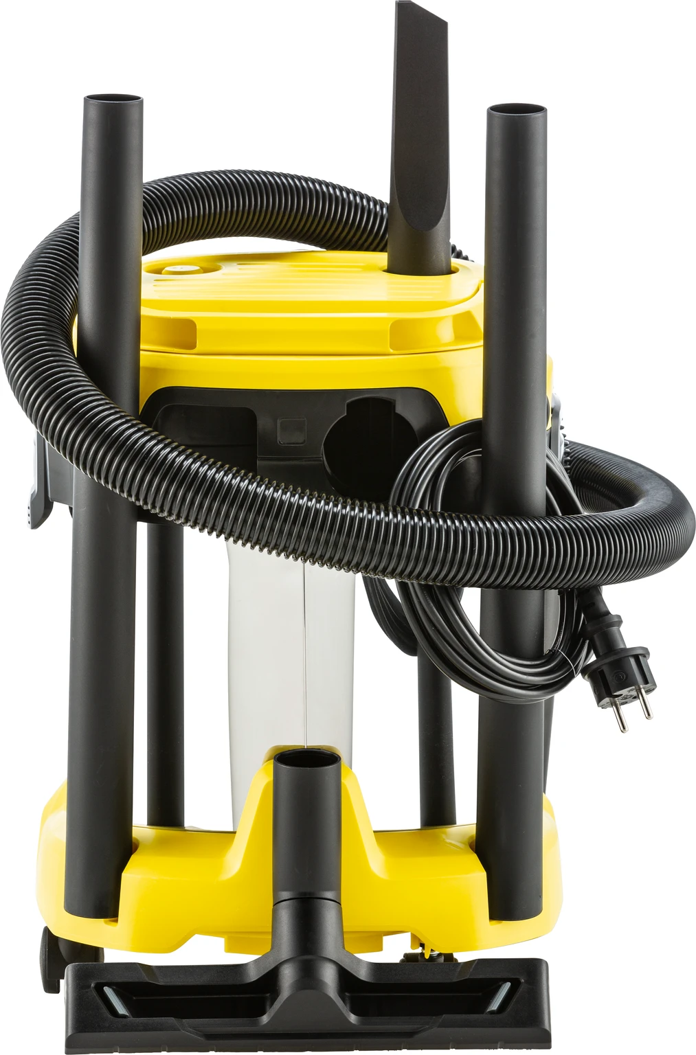 Yellow and black vacuum cleaner with attachments.