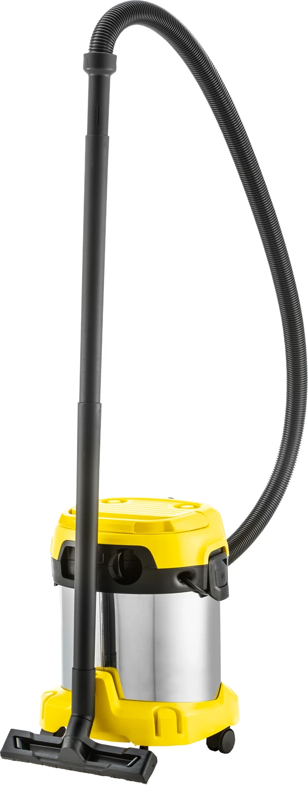 A yellow and silver vacuum cleaner with a black handle and hose, upright on a white surface.