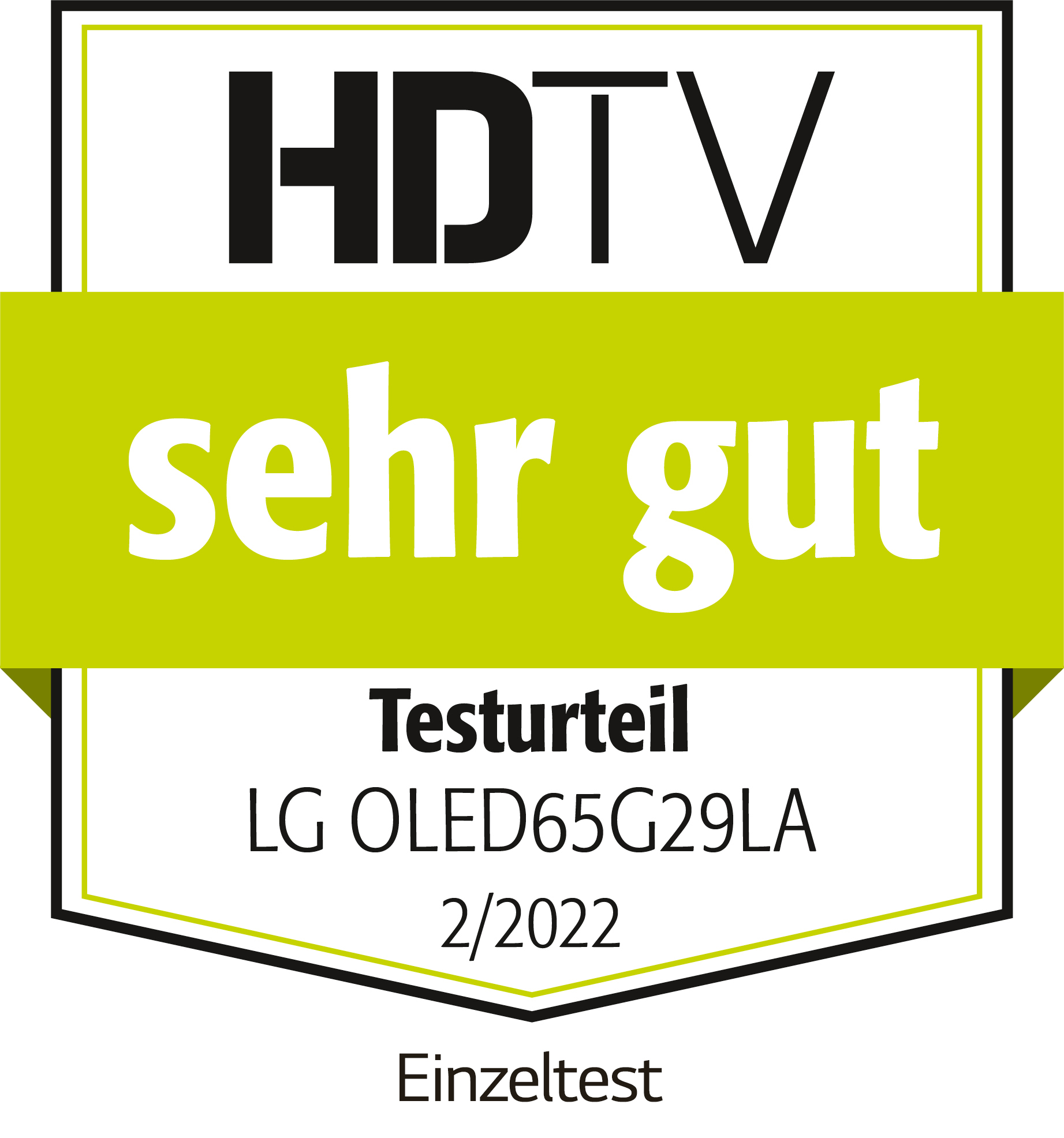 Grünes und weißes Rechteck. LG OLED65G29LA, 'sehr gut' Testergebnis.