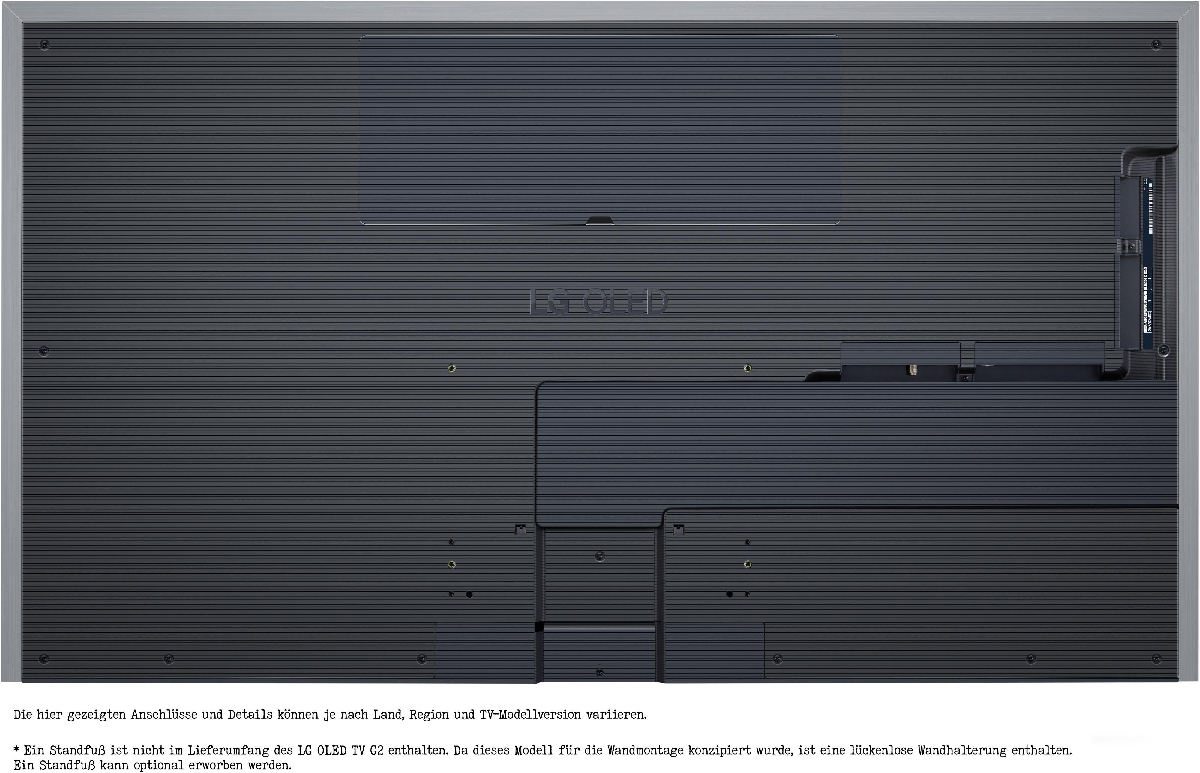 Rückseite eines großen schwarzen LG OLED-Fernsehers mit Anschlüssen und LG OLED Logo.