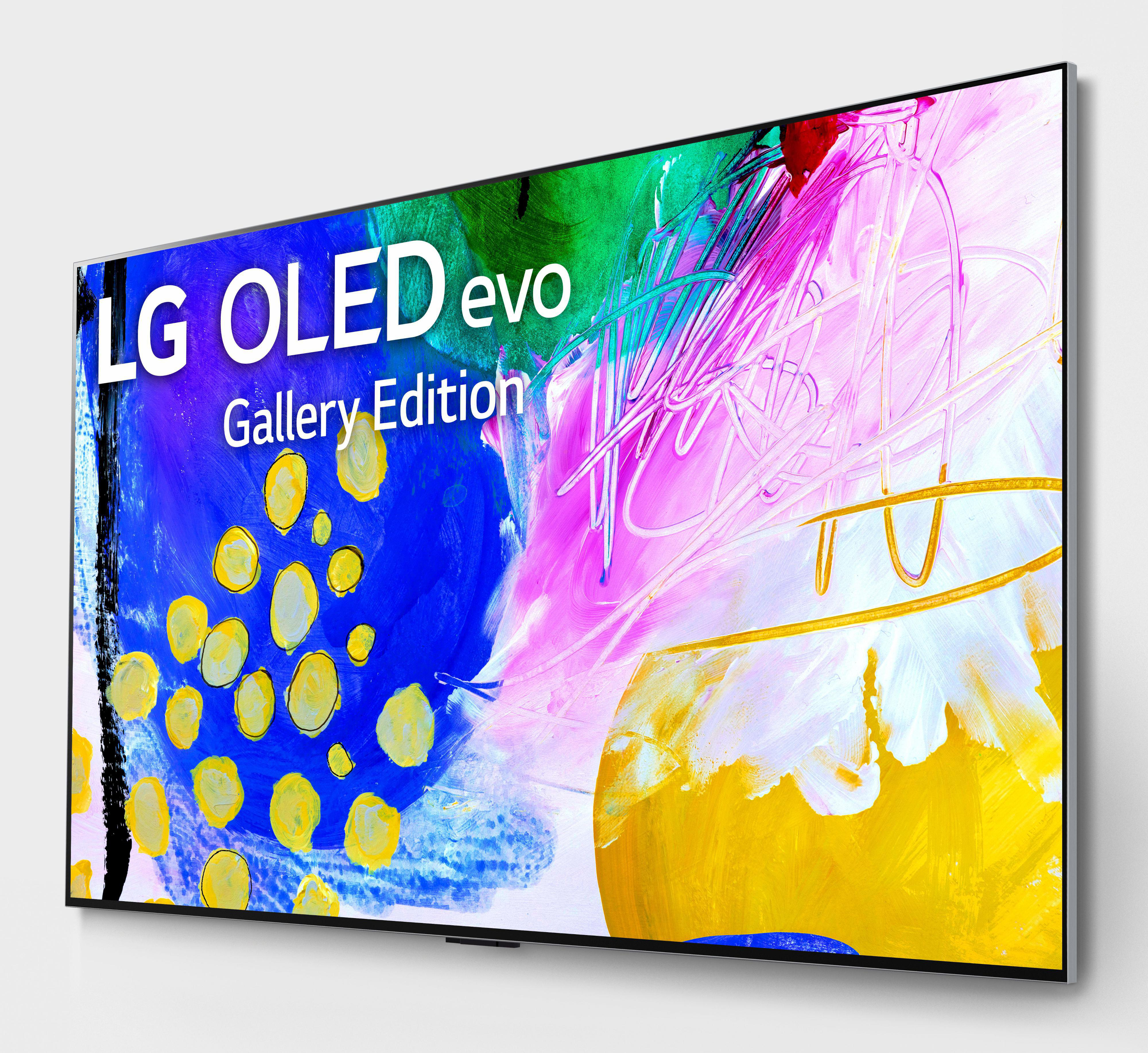 LG OLED evo TV, Gallery Edition, mit farbenfroher abstrakter Kunst auf dem Bildschirm.