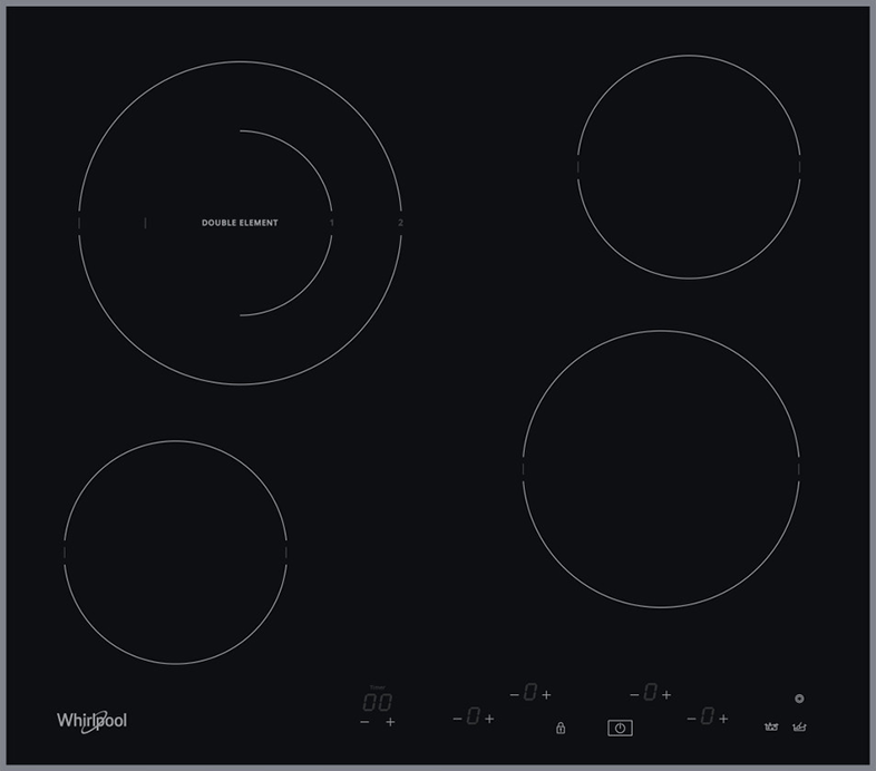 Fekete Whirlpool indukciós főzőlap négy kör alakú égővel, és vezérlőpanellel.
