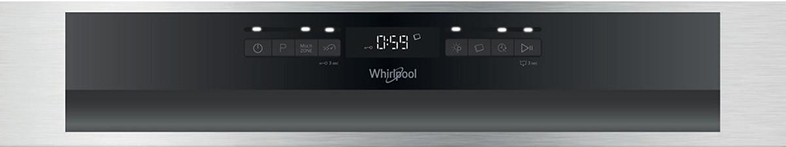 Egy fekete Whirlpool mosogatógép vezérlőpanel digitális kijelzővel és gombokkal. Rozsdamentes acélból készült.