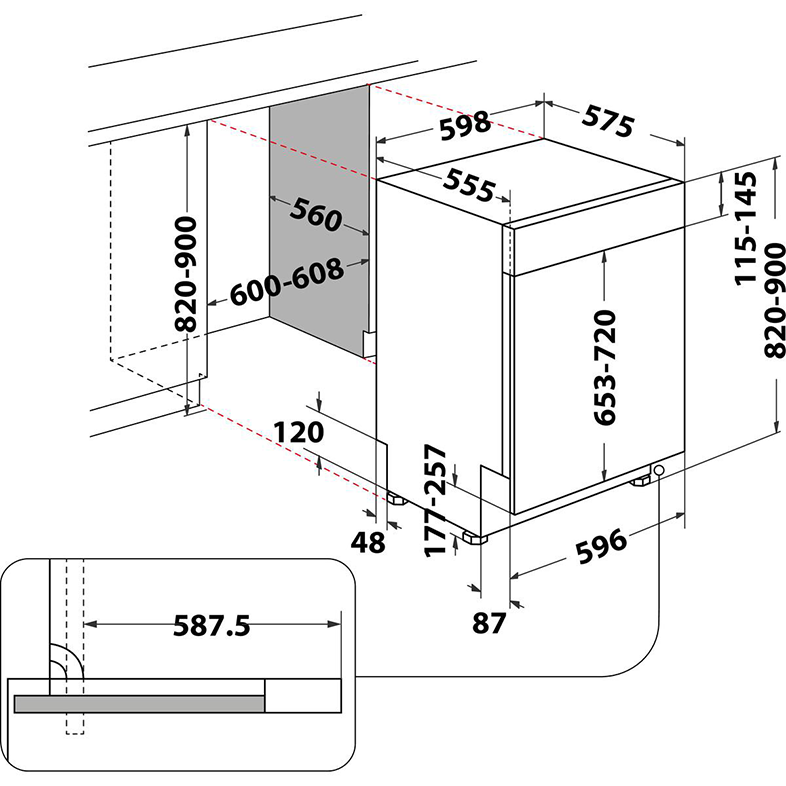 Mosogatógép diagramja, méretekkel és telepítési részletekkel.