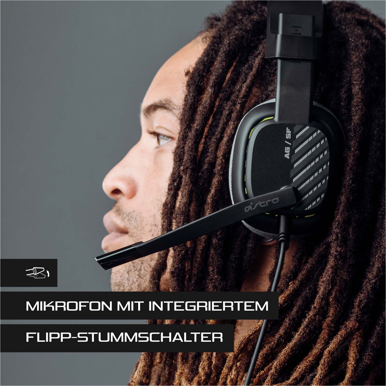 Mann mit schwarzem Headset mit Mikrofon. Text: Mikrofon mit Flip-Stummschalter.