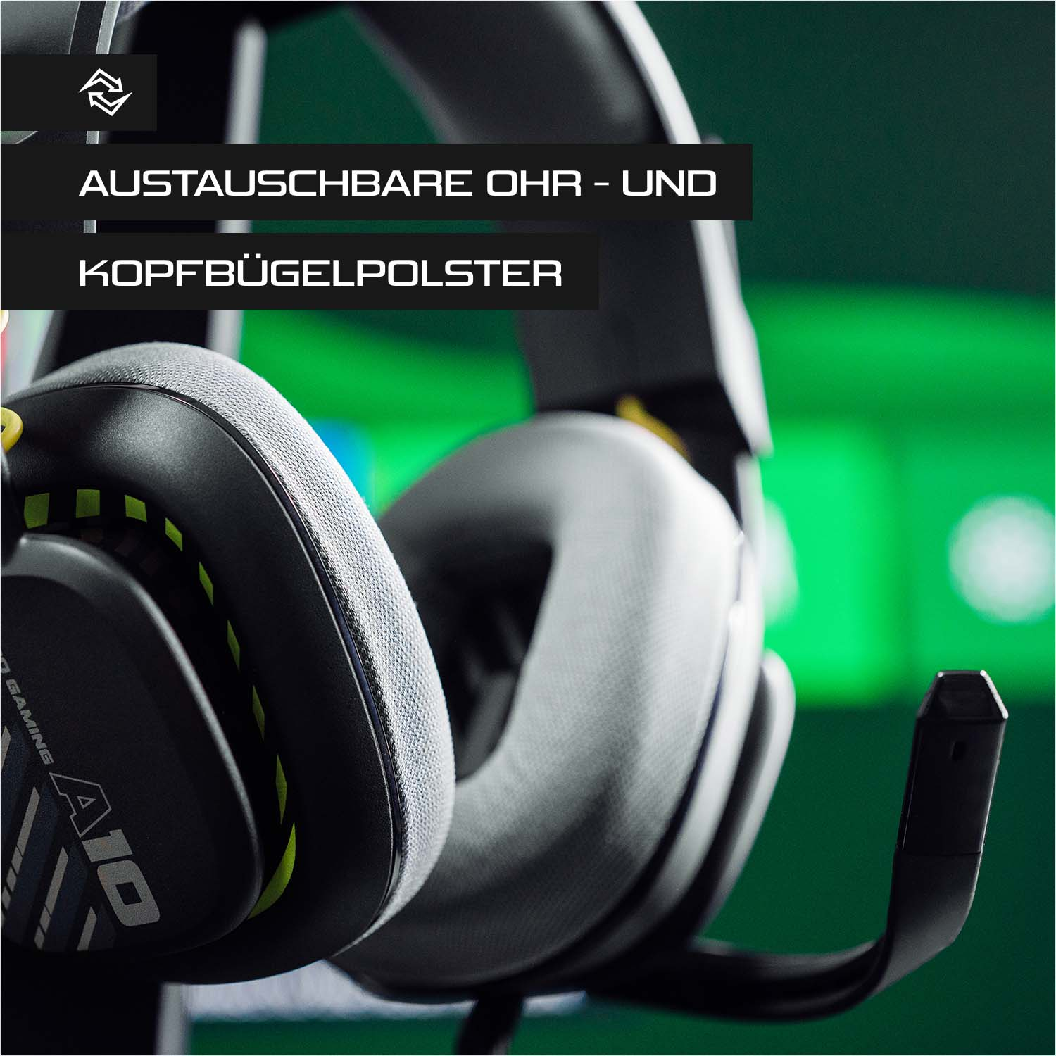 Schwarzes Headset mit austauschbaren Ohr- und Kopfbügelpolstern, grüner Hintergrund.