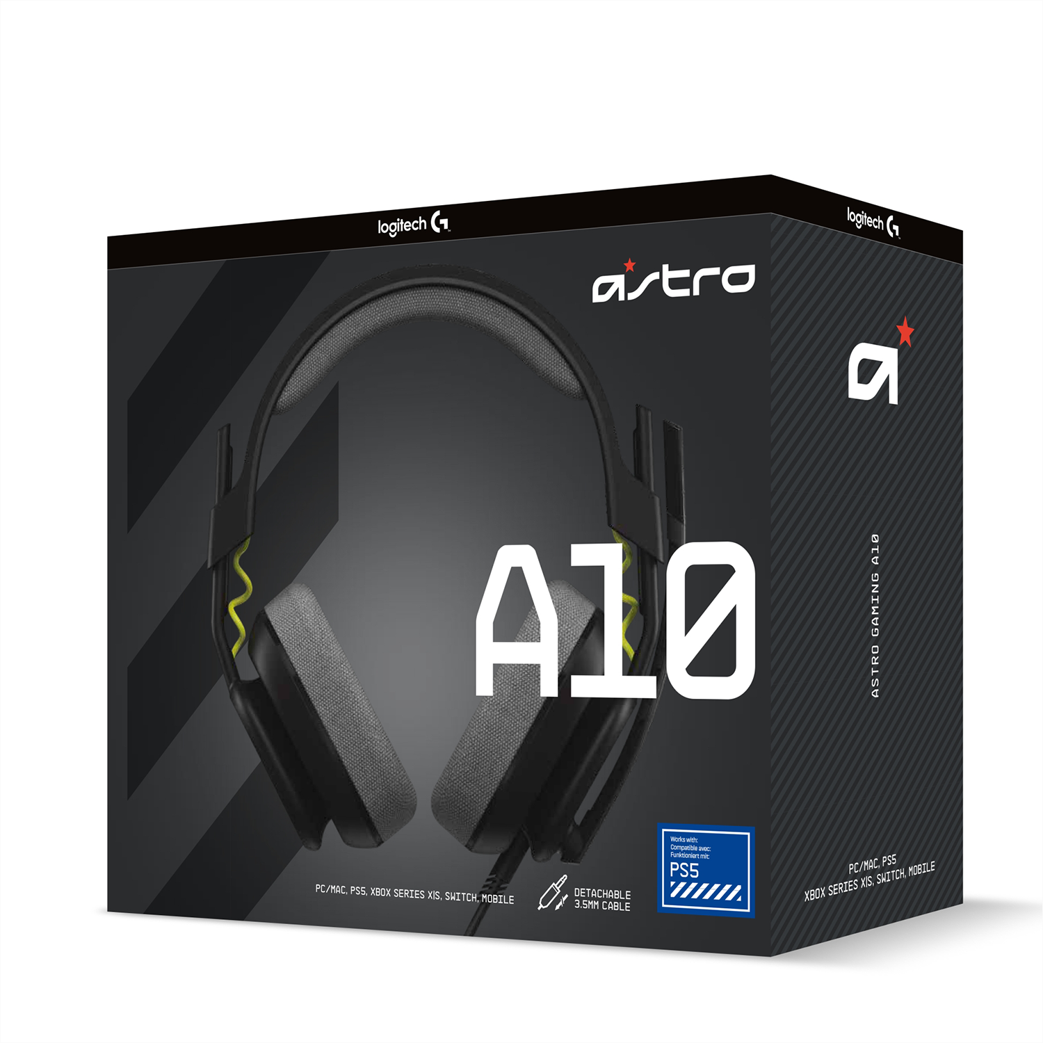 Verpacktes Astro A10 Gaming-Headset. Schwarz und Grau mit gelben Akzenten. Kompatibel mit mehreren Konsolen.