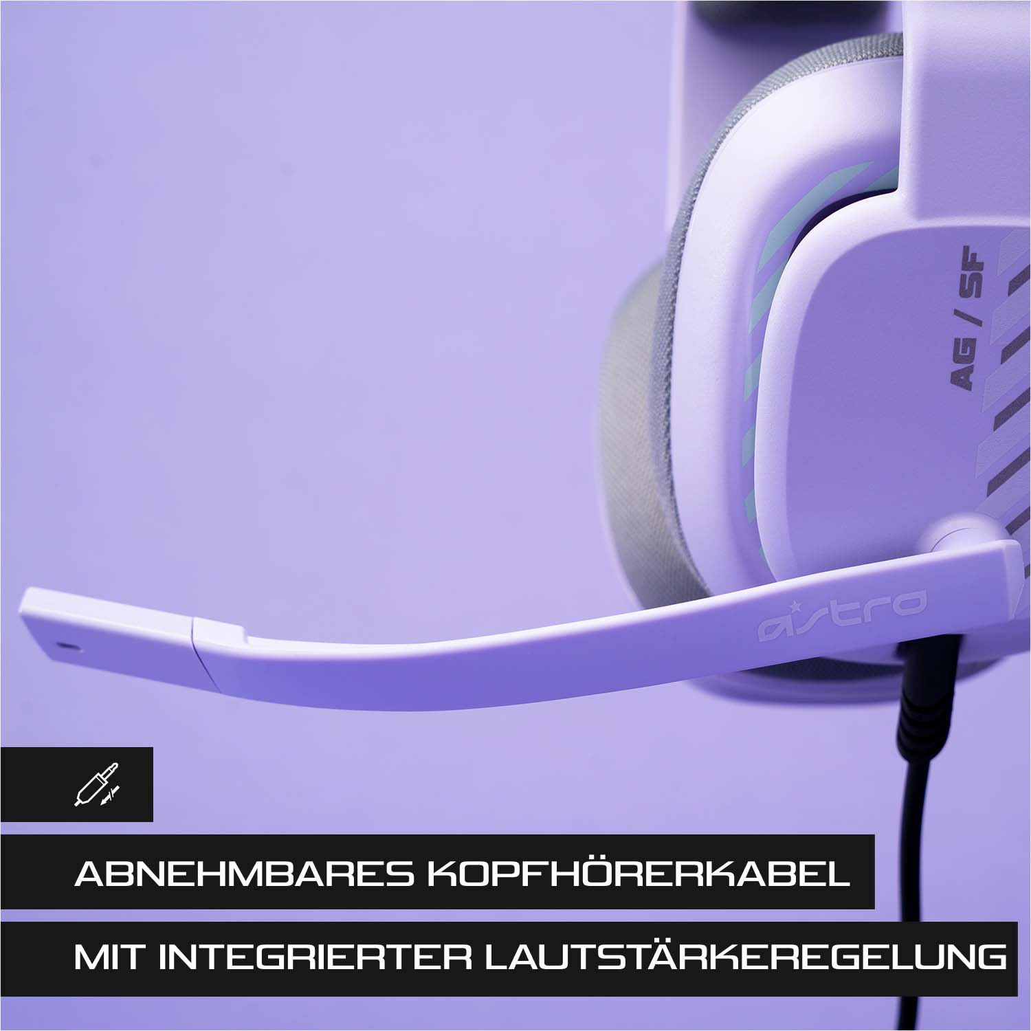 Ein weißes und violettes Gaming-Headset. Es hat ein Mikrofon, das Wort 'astro' und Text: 'abnehmbares Kopfhörerkabel'.