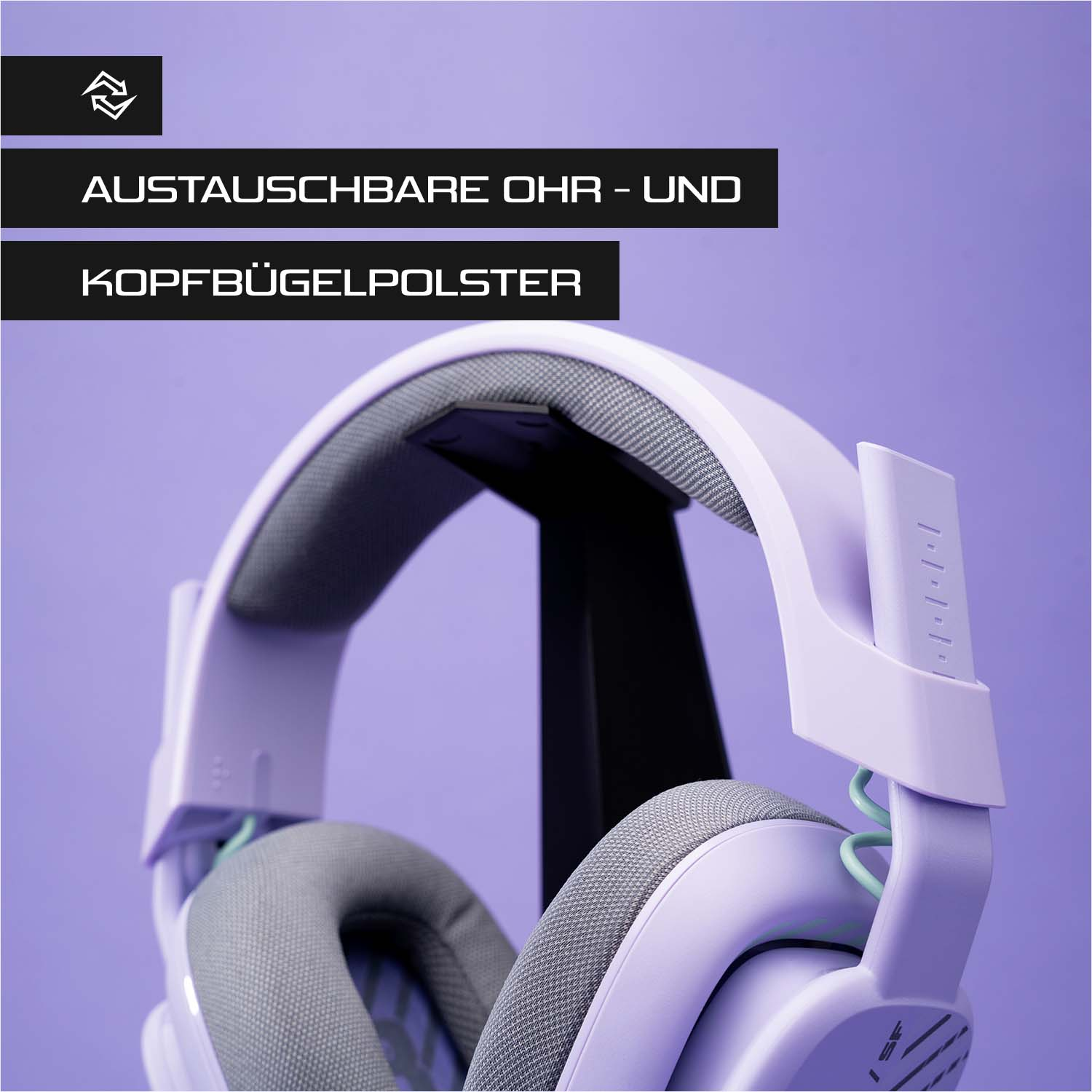 Ein helllila Headset mit grauen Ohrmuscheln wird vor einem lila Hintergrund gezeigt. Der Text oben lautet 'Austauschbare Ohr-und Kopfbugelpolster'.