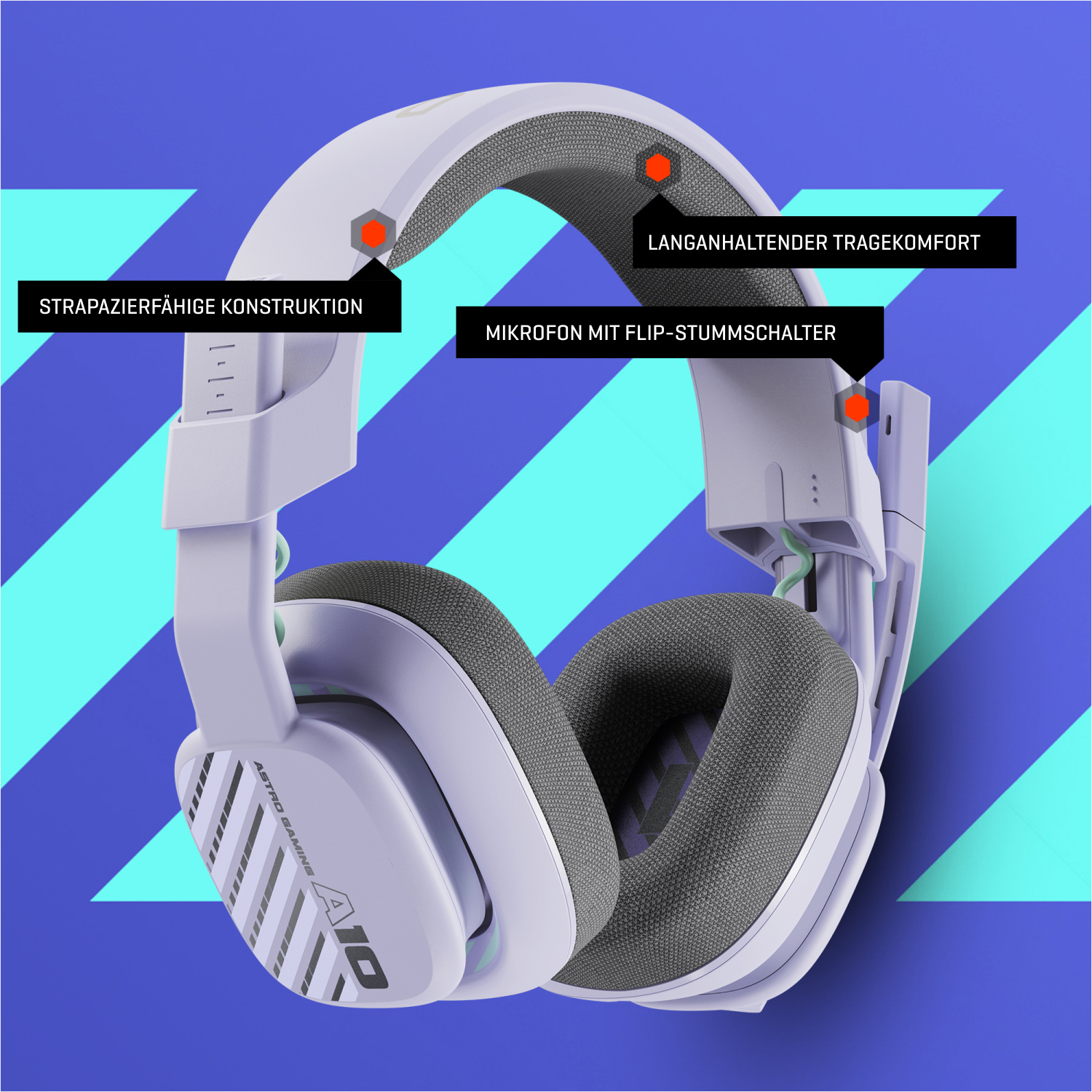 Ein weiß-graues Gaming-Headset mit Mikrofon. Es hat eine strapazierfähige Konstruktion und bequeme Ohrmuscheln. Der Hintergrund ist blau und lila.