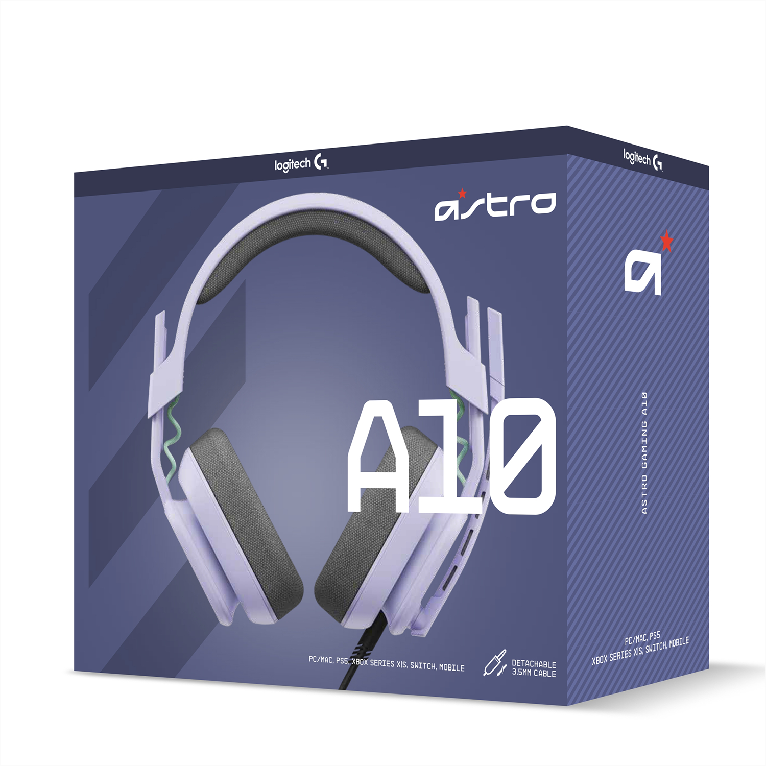 Eine Schachtel mit einem Astro A10 Gaming-Headset. Die Schachtel ist blau mit weißem Text und einem Bild des Headsets. Das Headset ist weiß und grau.