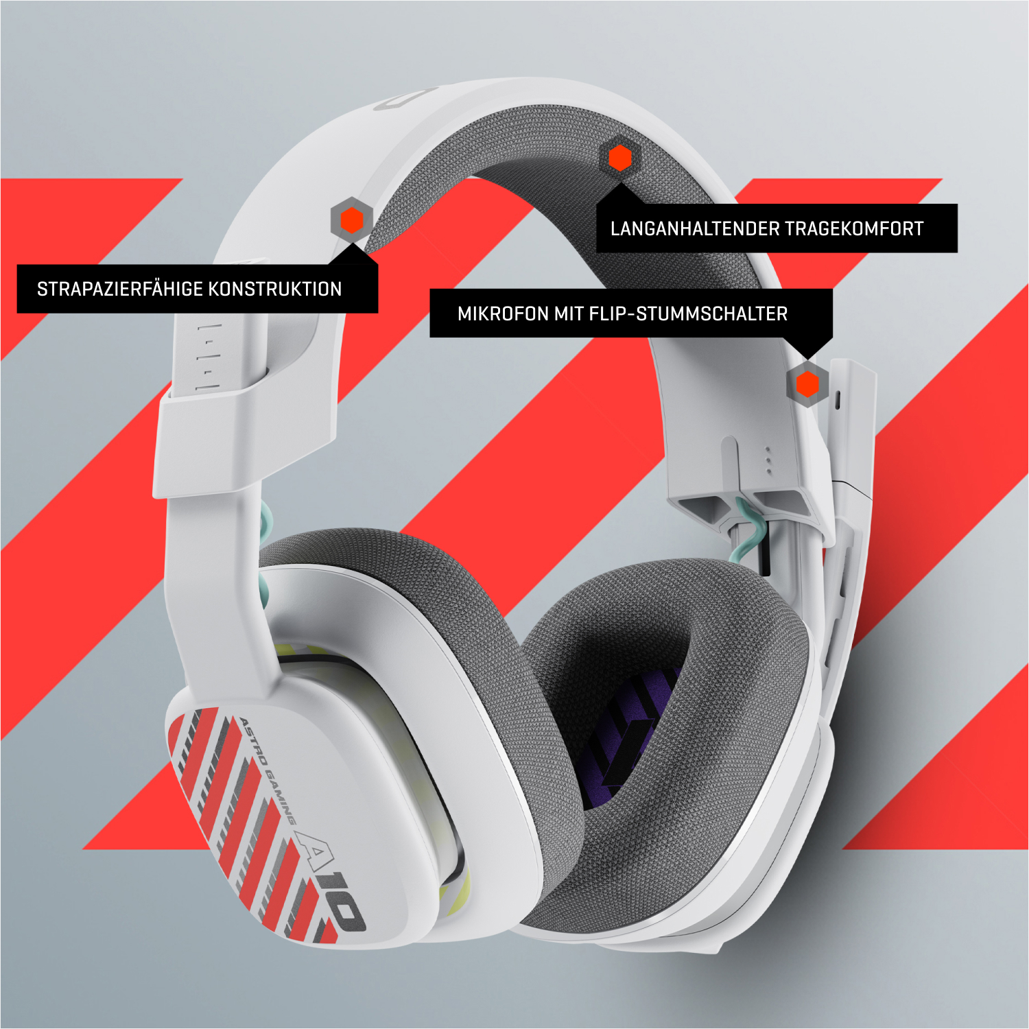 Weiße Gaming-Kopfhörer mit roten Akzenten und Text, die Designdetails zeigen.
