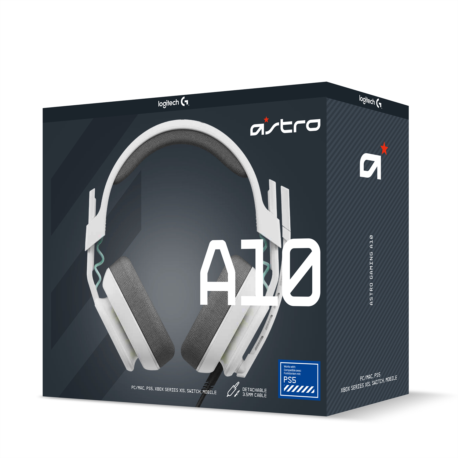 Astro A10 Gaming-Headset-Box. Weißes Headset und Box-Design. Schwarzer Hintergrund.