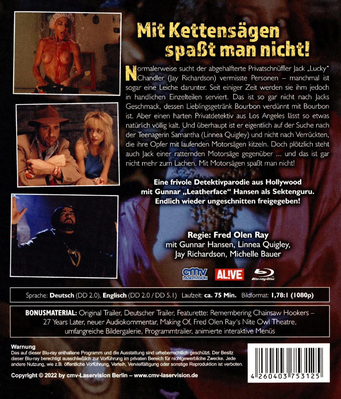 DVD-Cover mit Schauspielern, Text auf Deutsch und Bildern aus dem Film 'Mit Kettensägen spaßt man nicht!'