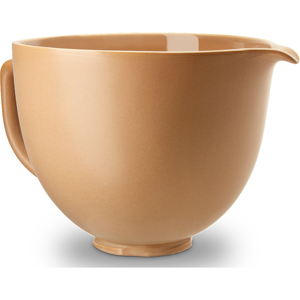 Eine beige Rührschüssel mit Griff und Ausguss.