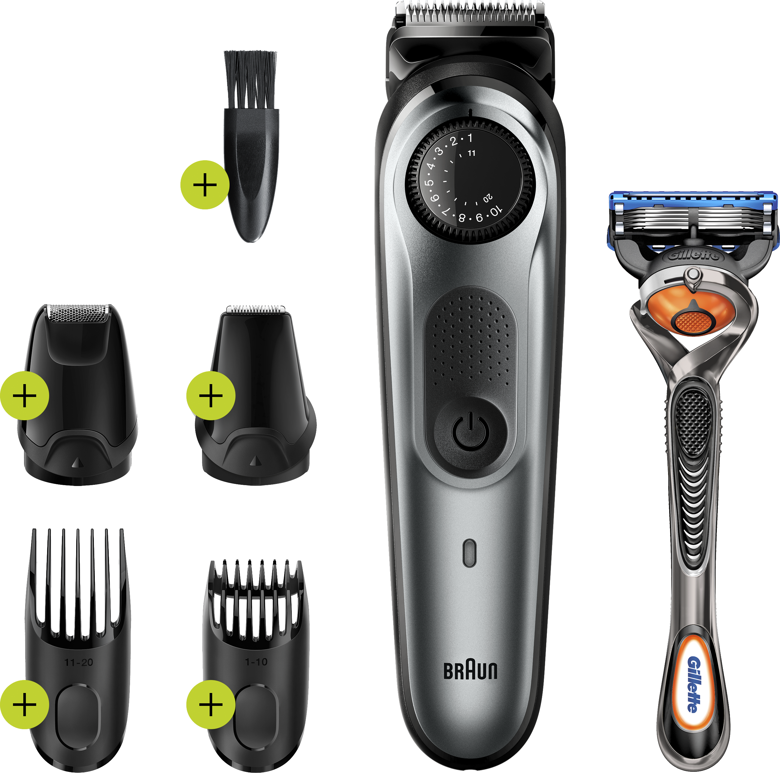 BRAUN BT7220 szakállvágó precíziós gombbal, 4 tartozékkal és egy Gillette Fusion5 ProGlide borotvával