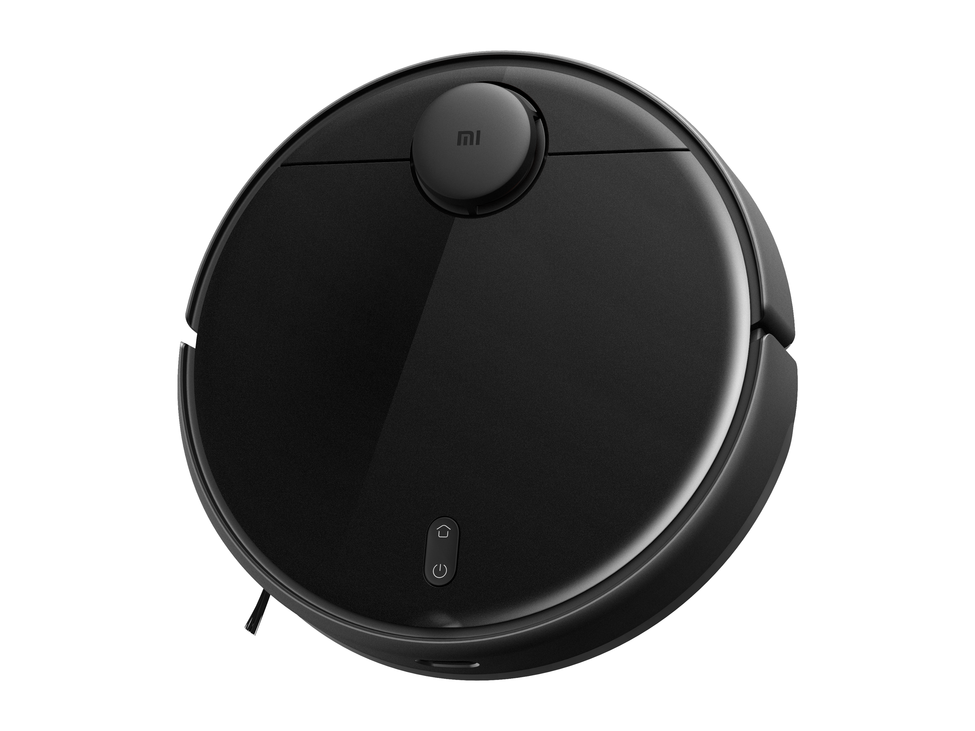Üstten görülen siyah bir robot süpürge, üzerinde Xiaomi logosuyla.