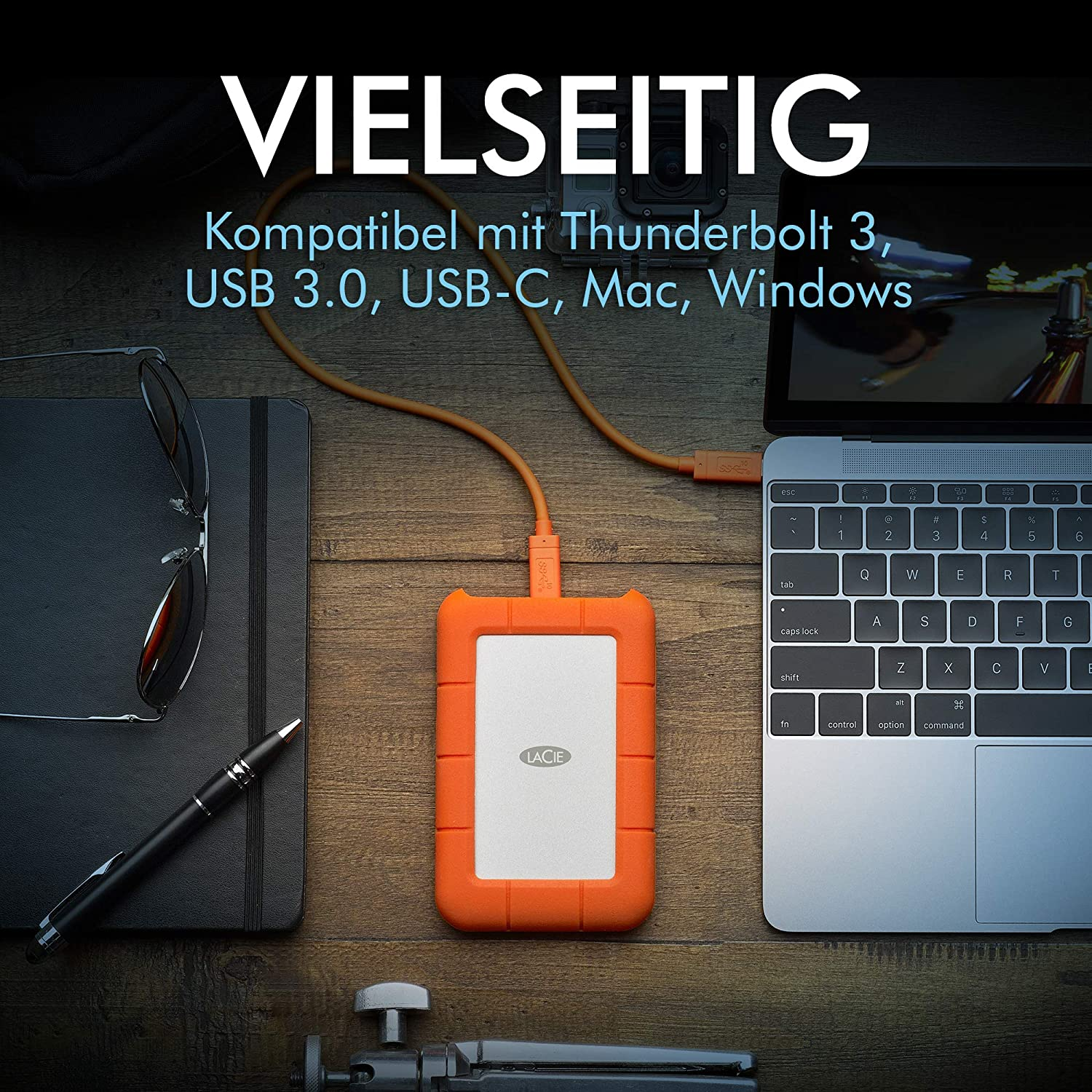 LACIE 2TB Festplatte Rugged Secure mit 2 Jahre Rescue, HDD, Extern, 130MB/s, USB-C, Orange/Silber