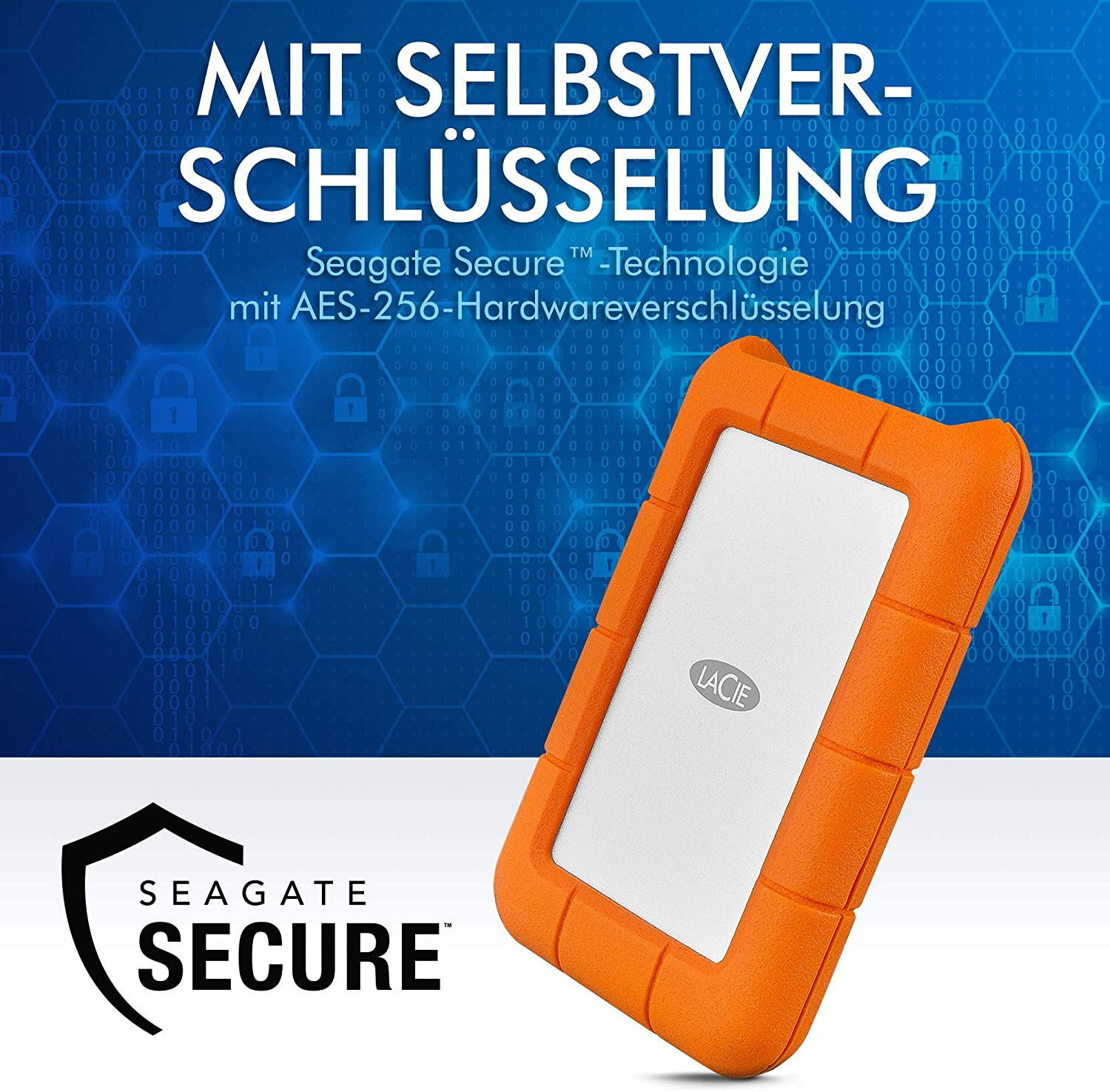LACIE 2TB Festplatte Rugged Secure mit 2 Jahre Rescue, HDD, Extern, 130MB/s, USB-C, Orange/Silber