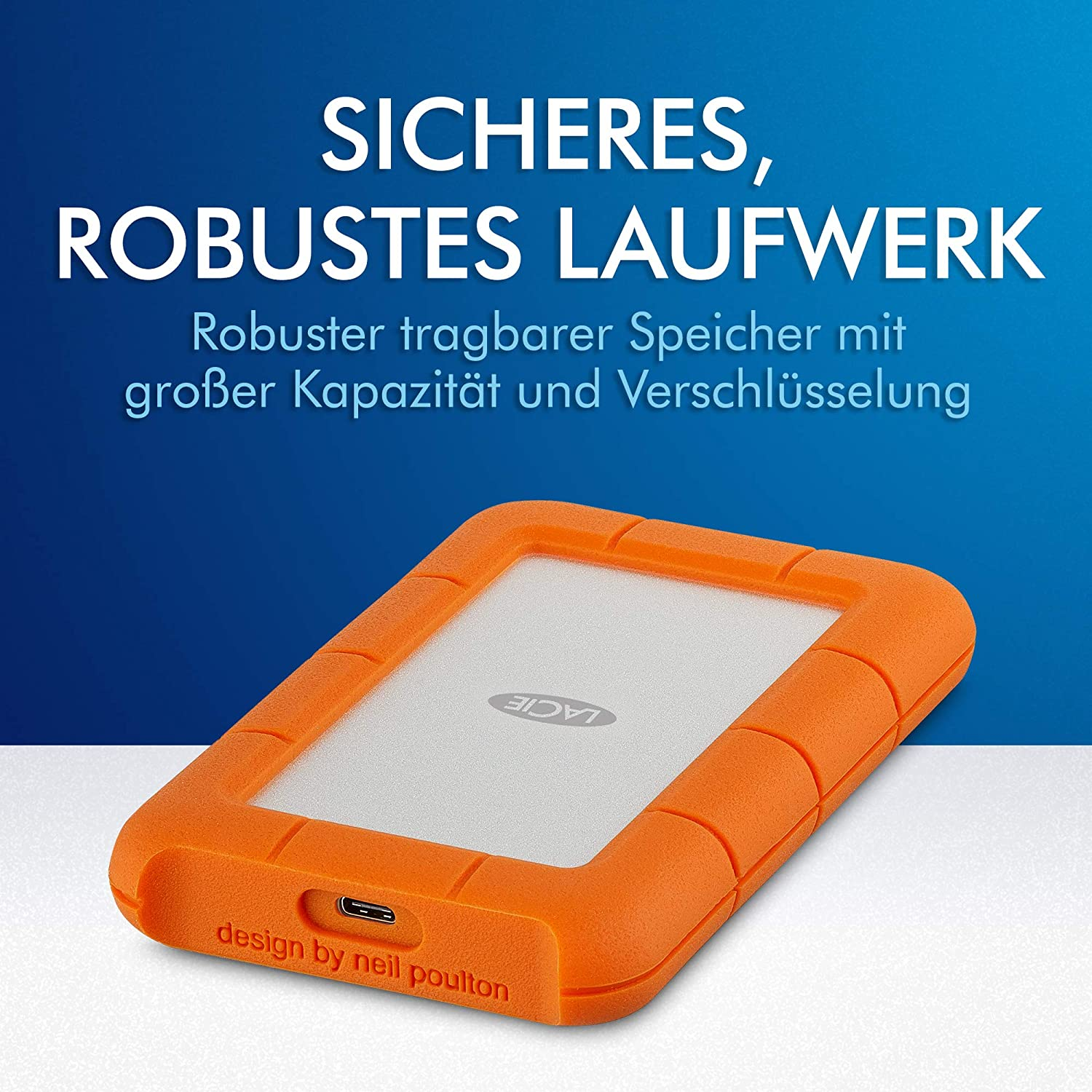 LACIE 2TB Festplatte Rugged Secure mit 2 Jahre Rescue, HDD, Extern, 130MB/s, USB-C, Orange/Silber